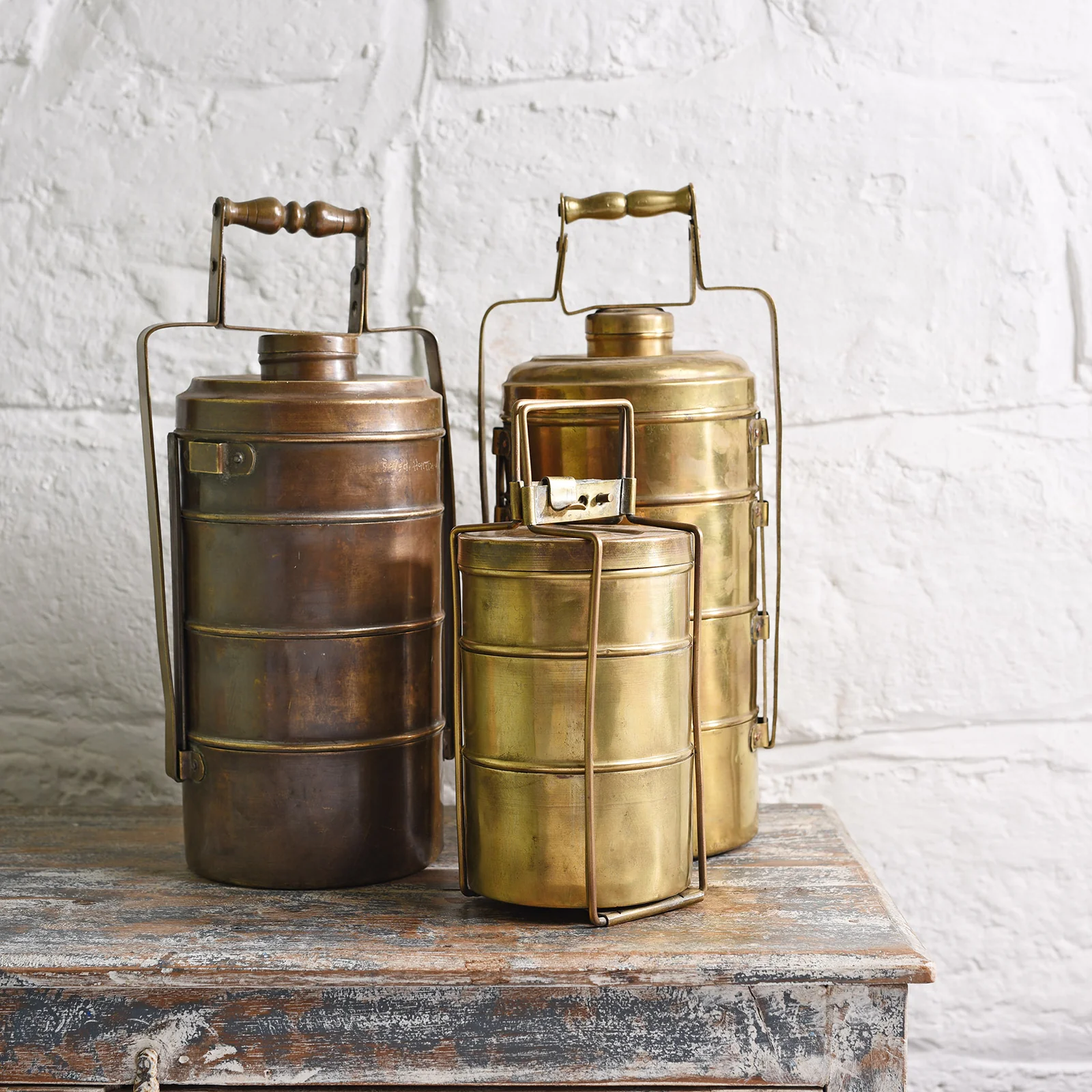 3 Tier Indian Vintage Brass Tiffin Box Set - Ca 1920 - Image 6
