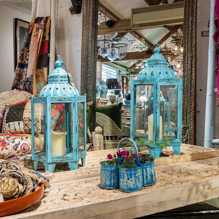 Storm Lantern With Blue Distressed Paint From Rajasthan - Image 2