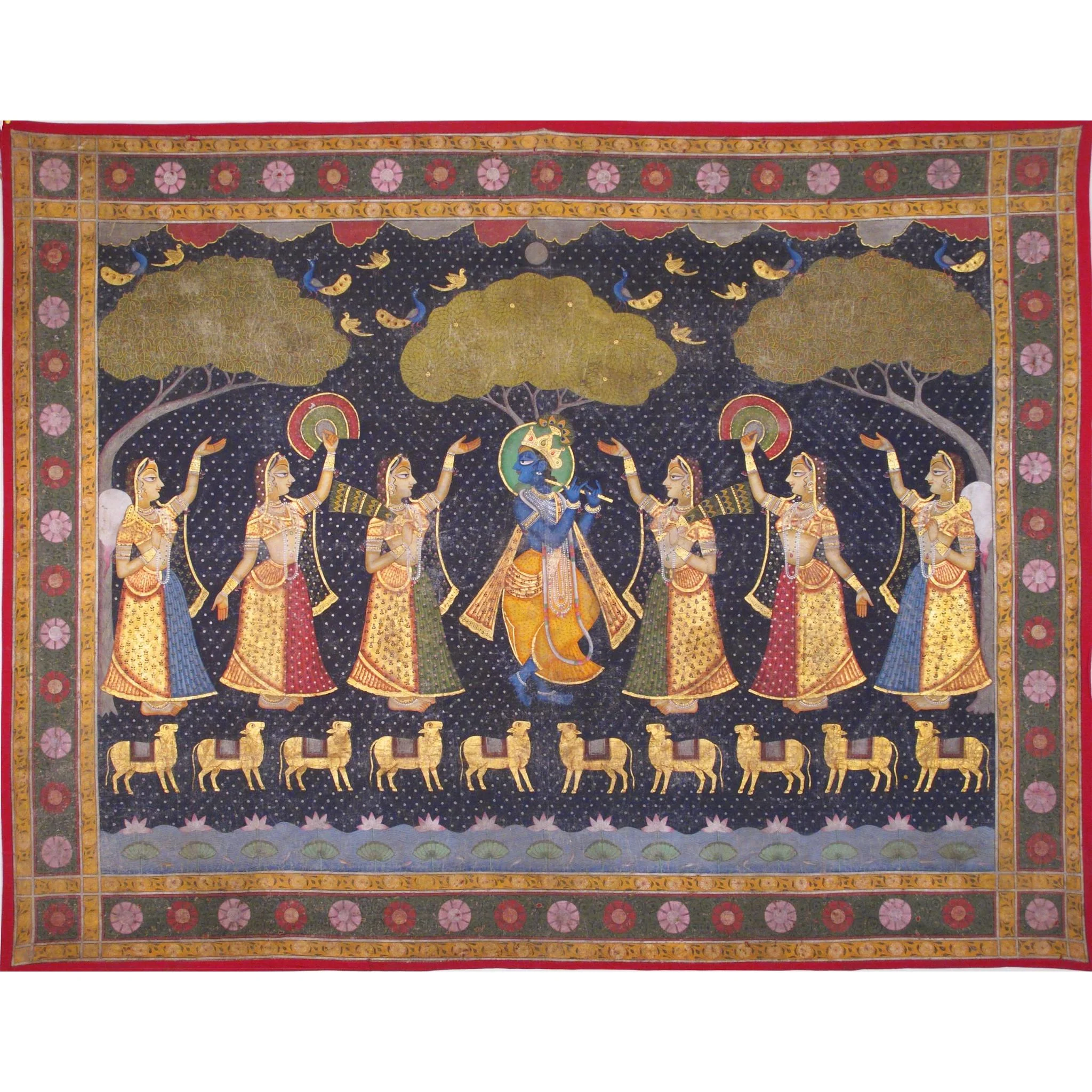 Painted & Gilded Pichwai - Krishna And The Gopis.