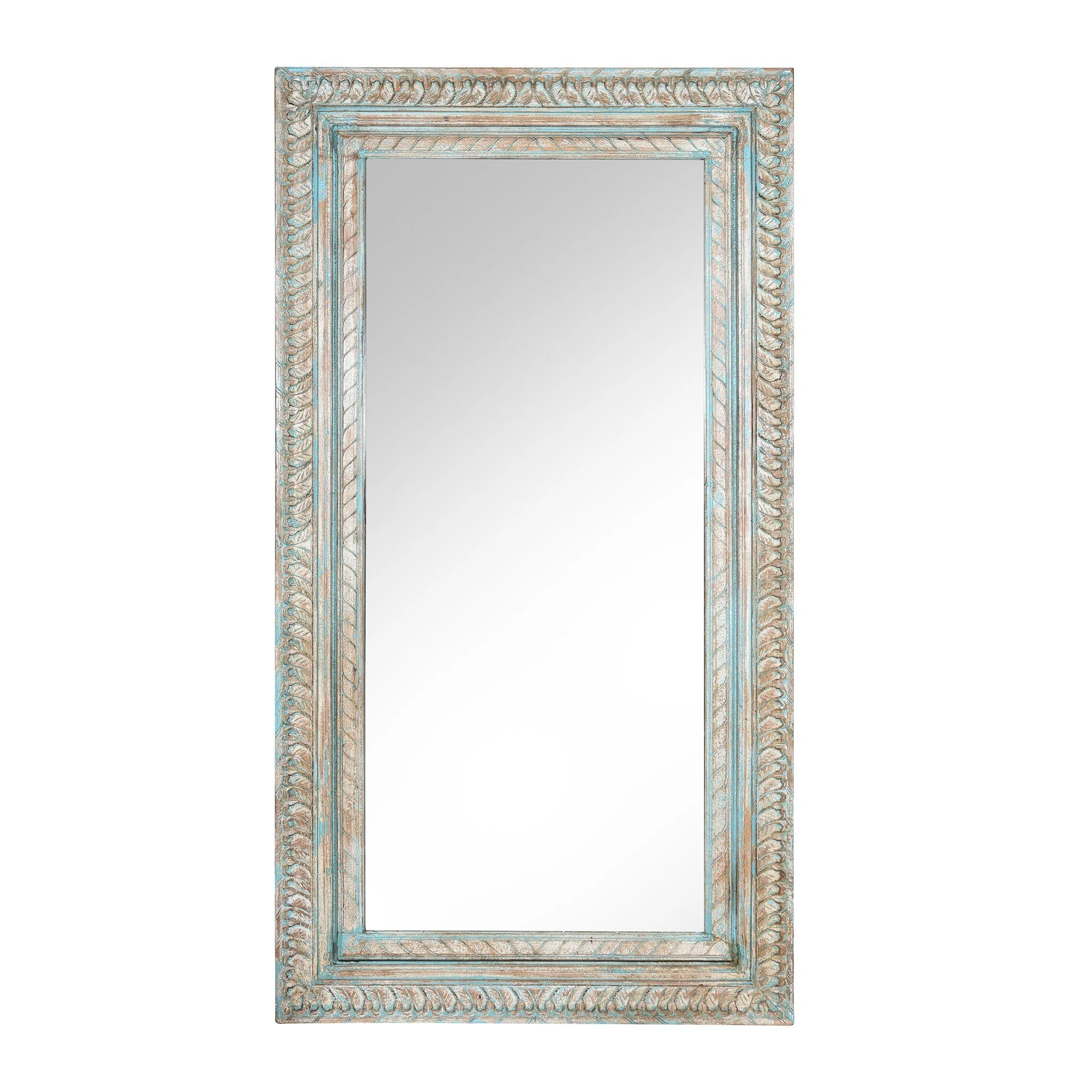 Carved & Blue Painted Mango Wood Mirror