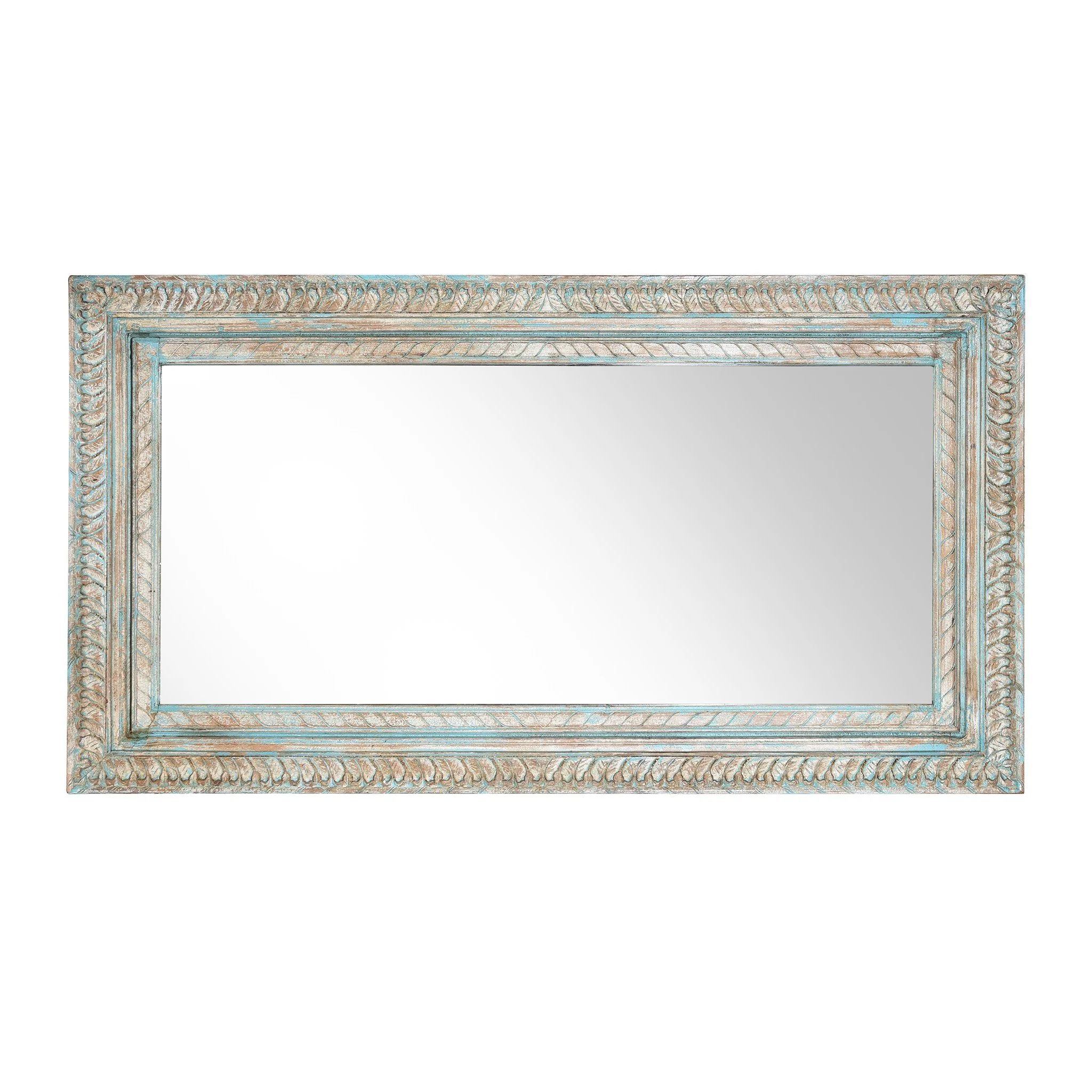 Carved & Blue Painted Mango Wood Mirror - Image 2