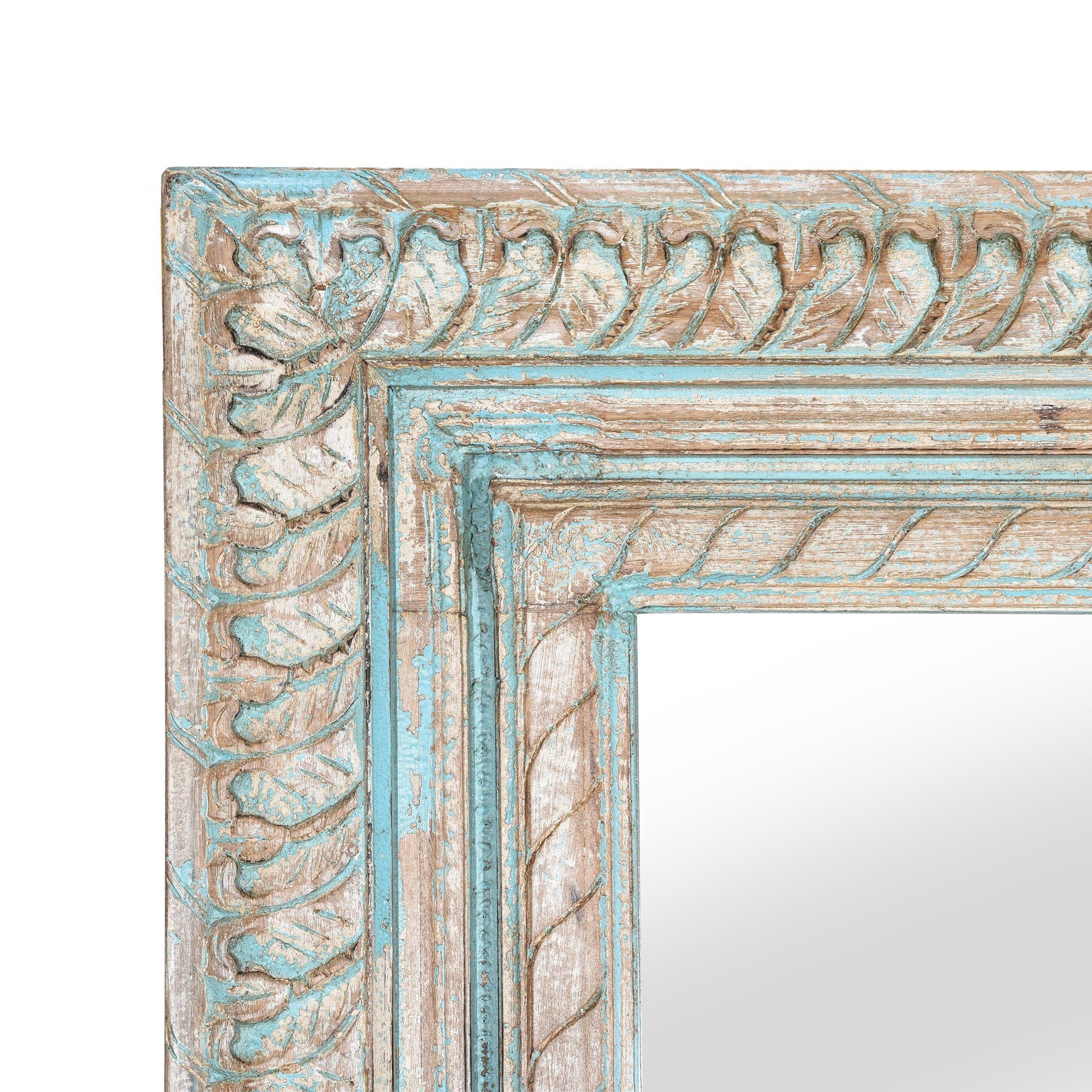 Carved & Blue Painted Mango Wood Mirror - Image 3