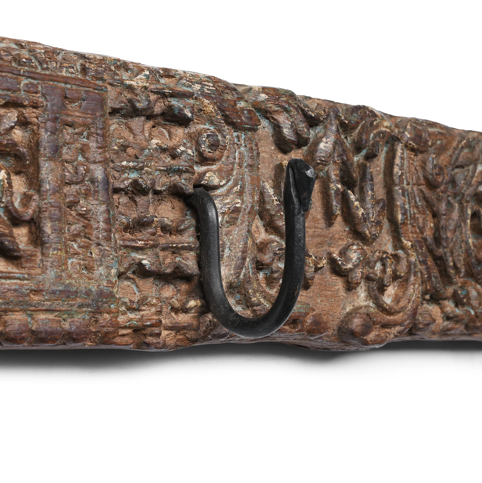 Old Carved Teak Architrave With 4 Iron Coat Hooks - Image 5