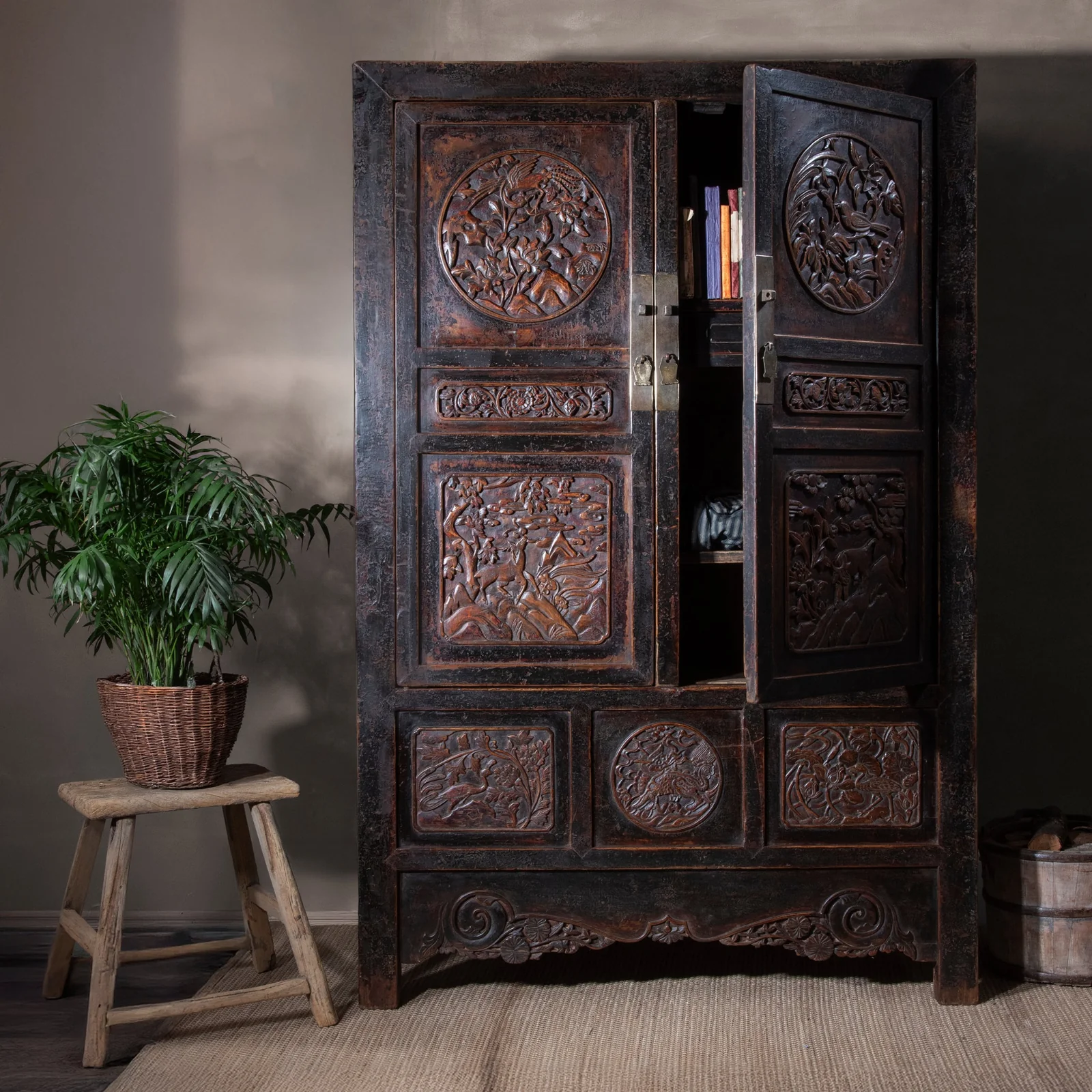 Carved Chinese Wedding Cabinet From Shanxi -19th Century