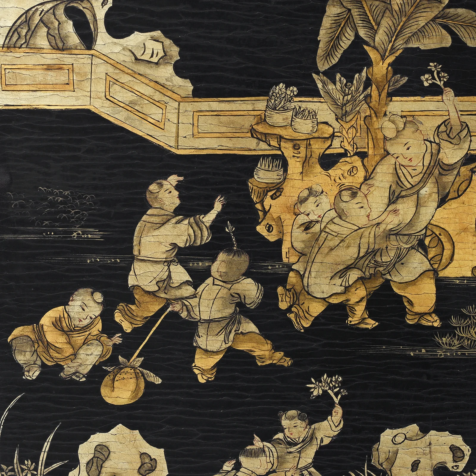 Chinese Export Black &amp; Gilt Lacquer Four-Fold Screen – Circa 1920 - Image 9