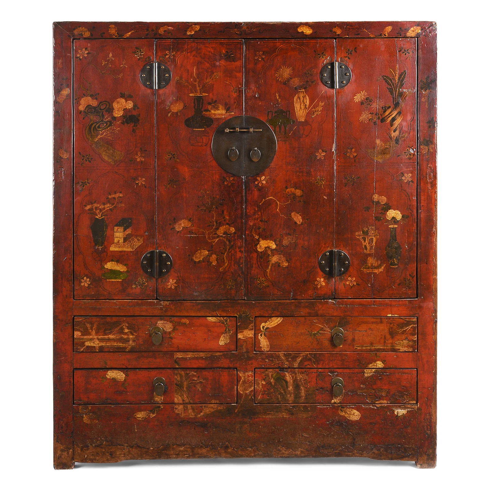 Red Lacquer Cabinet From Gansu - 19th Century