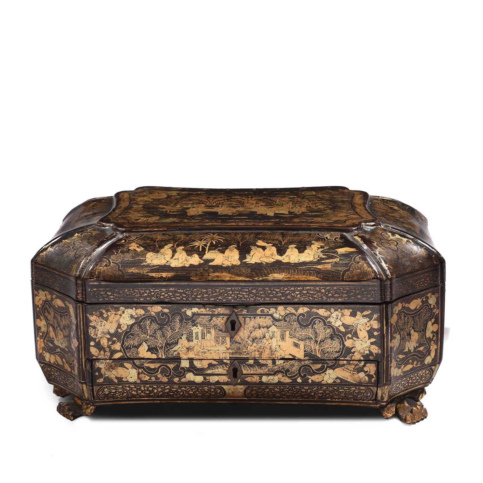 Gilt Black Lacquer Chinese Export Sewing Box - Early 19th Century