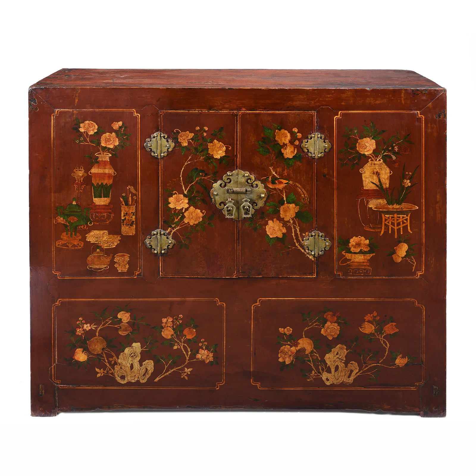 Red Lacquer Cabinet From Gansu Province - 19th Century