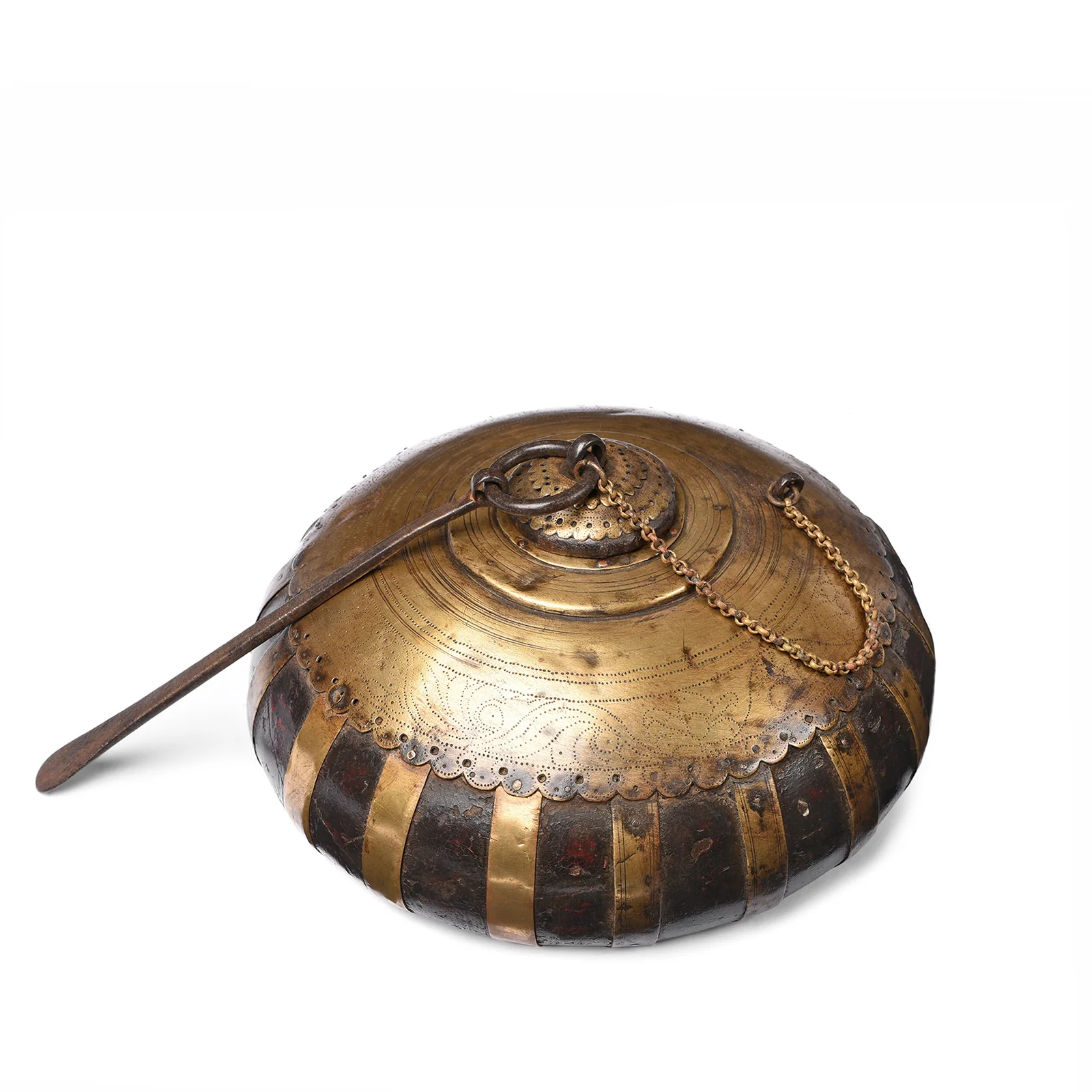 Brass & Teak Indian Tobacco Pot From Rajasthan - 19thC