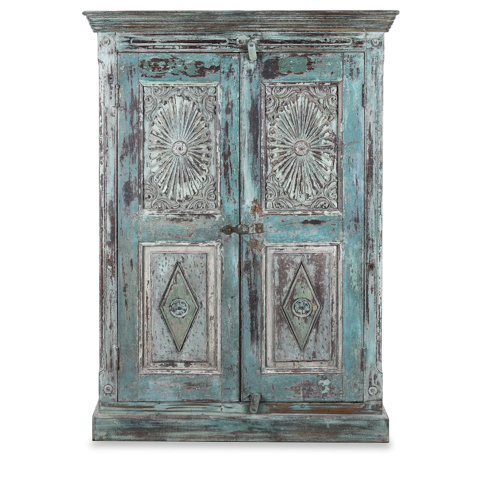 Painted Indian Almirah Cabinet With Sunburst Panels - 19th Century