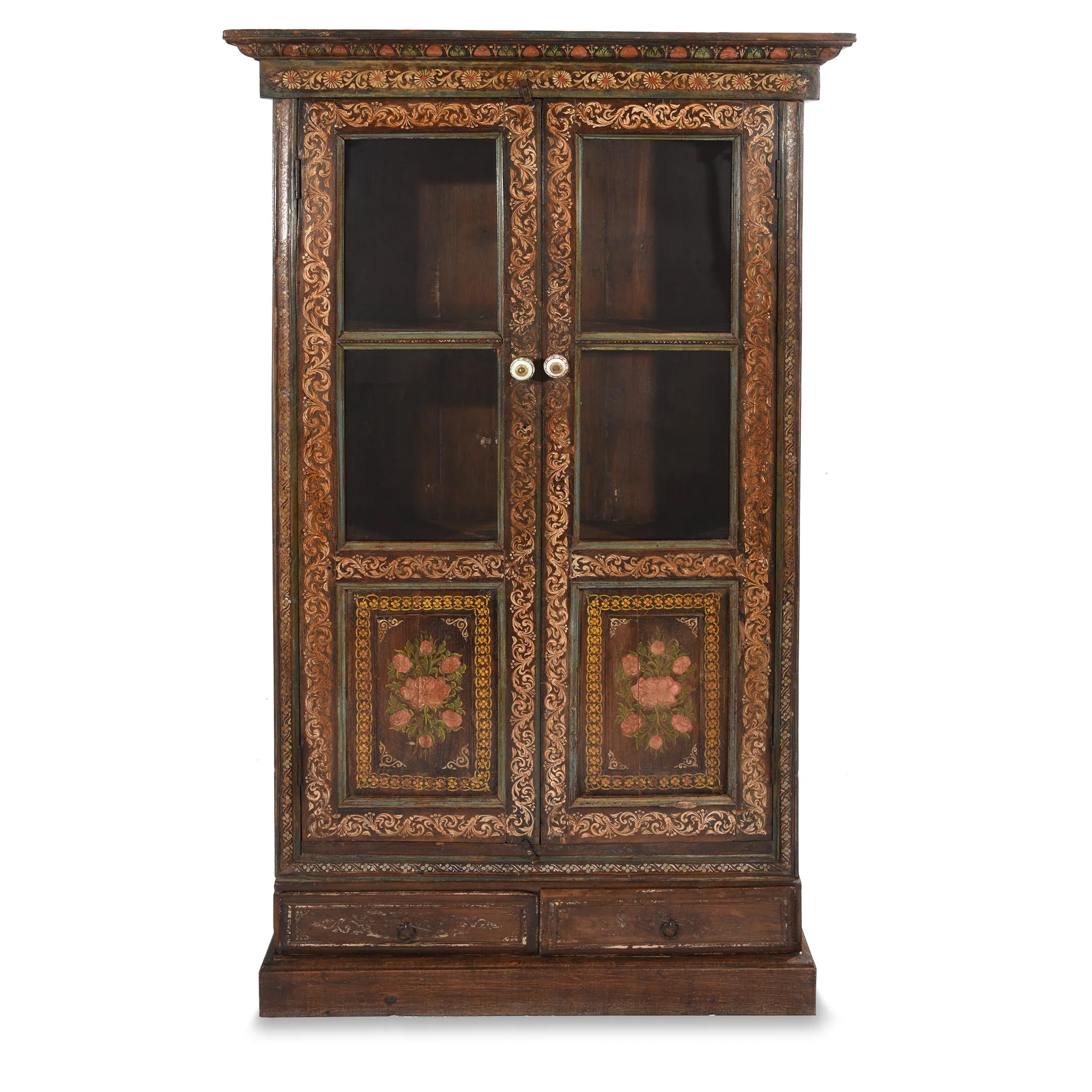 Painted Indian Glazed Book Cabinet From Maharashtra - 19thC