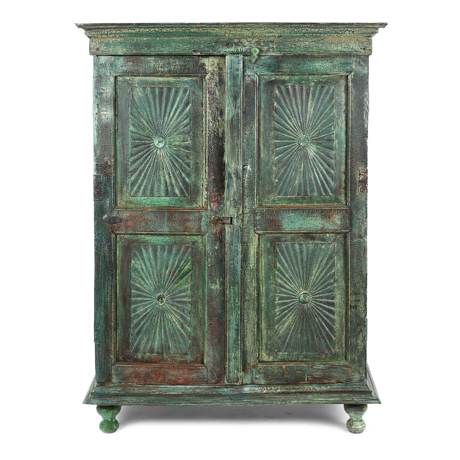 Indian Almirah Cabinet With Sunburst Panels - 19th Century