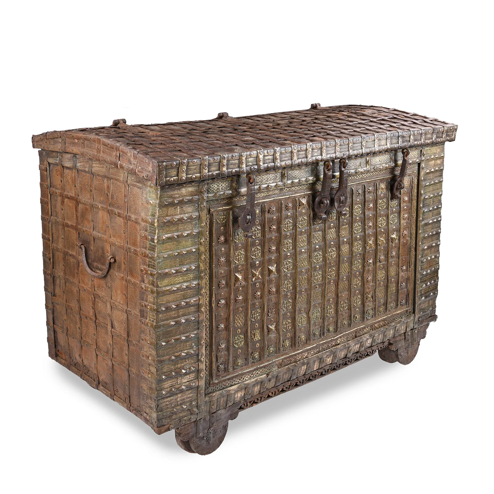 Brass & Iron Indian Pithara Dowry Chest On Wheels - 19th Century - Image 11