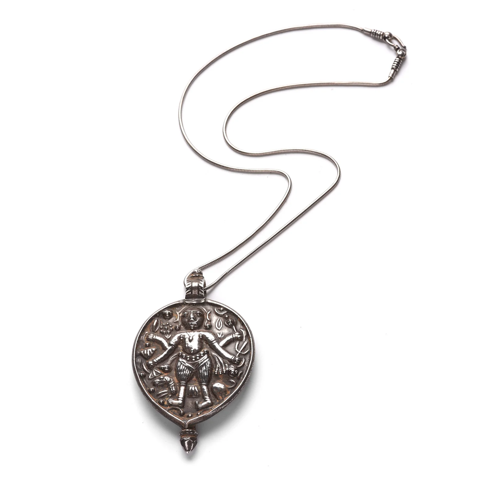 Old Tribal Silver Durga Amulet From Rajasthan With Chain - 19th Century