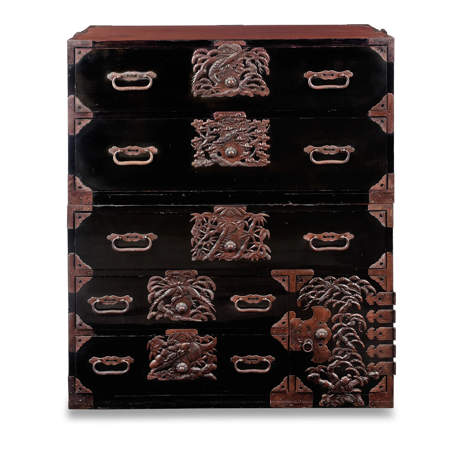 Japanese Black Lacquer Isho Kasane Dansu From Tsuruoka - Meiji Period