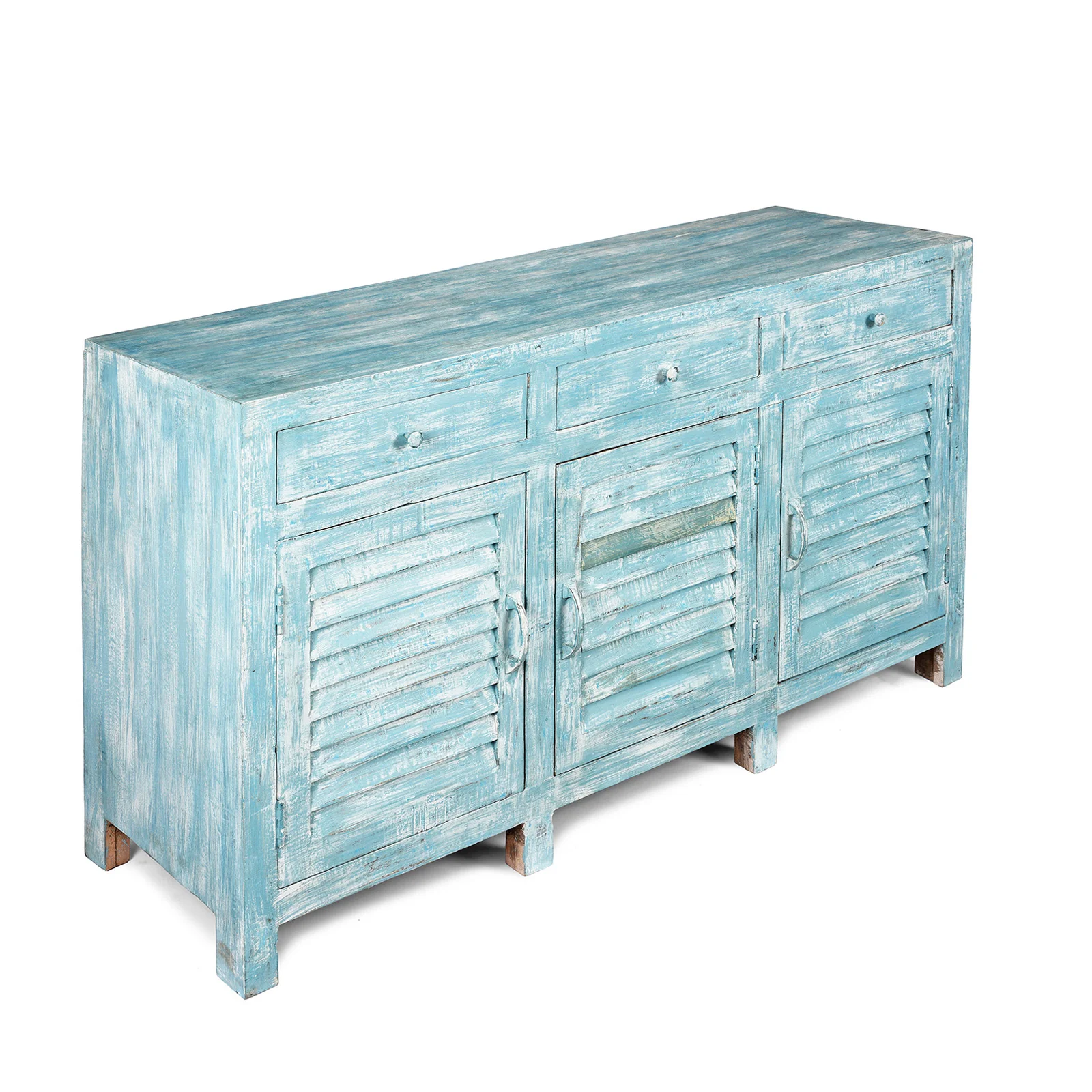 3 Door Louvre Sideboard - Blue Painted Reclaimed Teak - Image 4