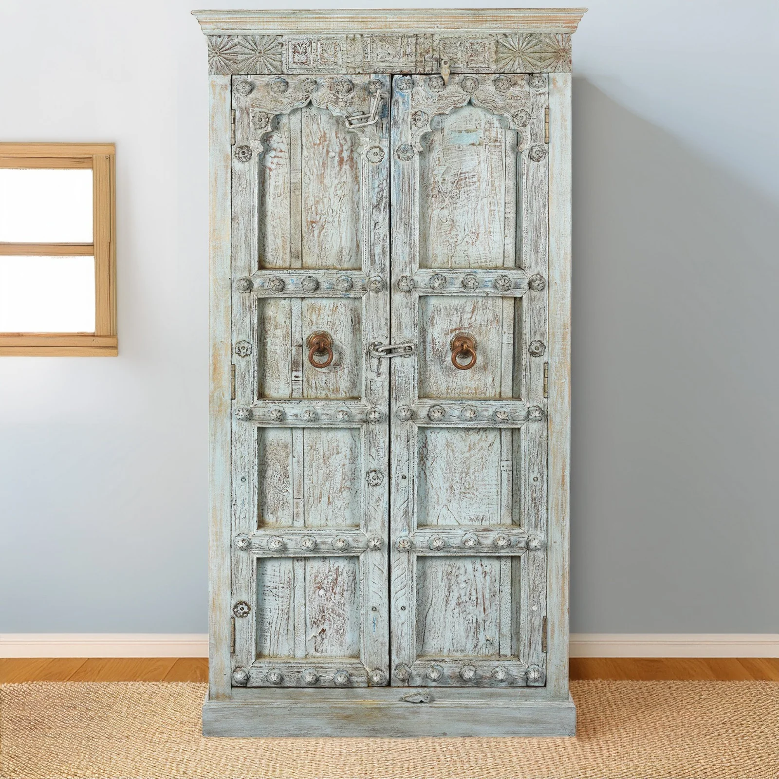 Blue Painted Reclaimed Teak Cabinet Made From Old Doors - Image 3