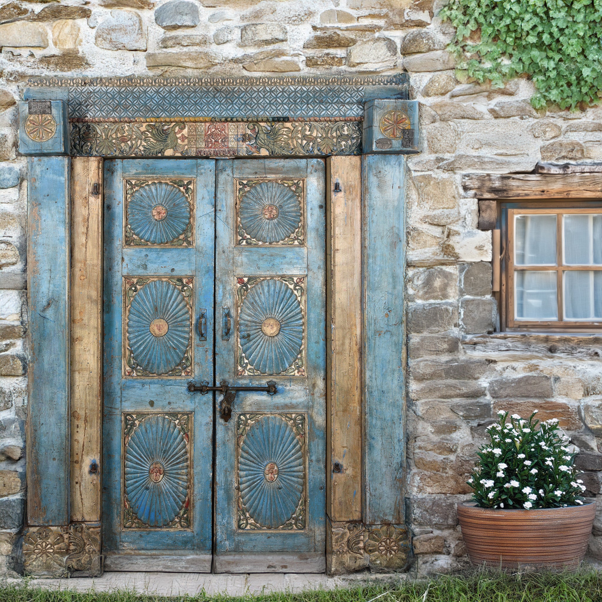 Blue Painted Sunburst Door & Frame - 19th Century - Image 2