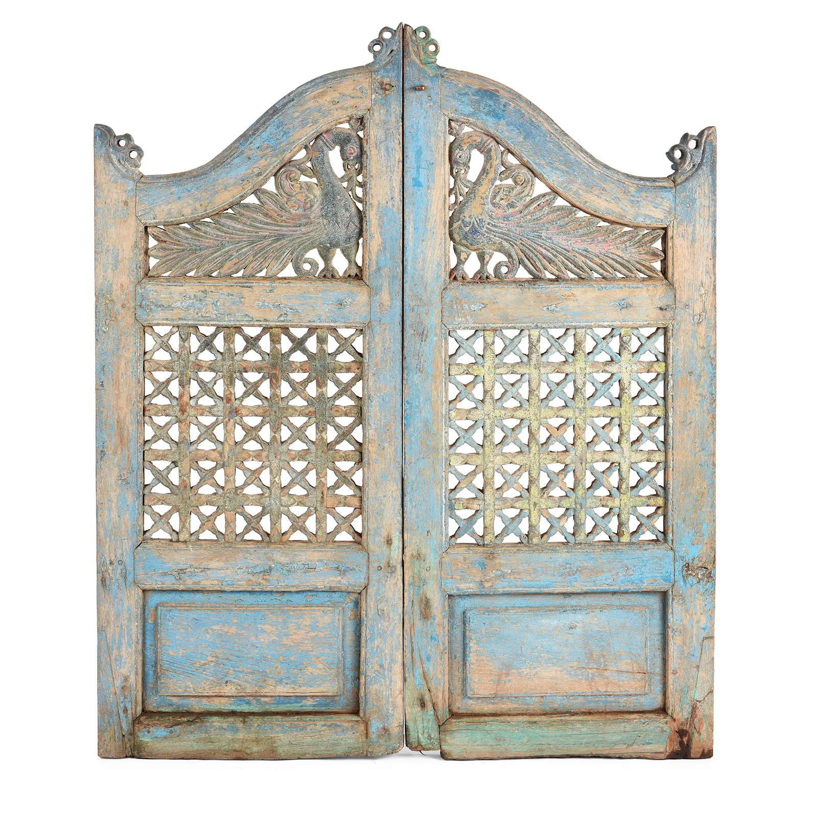 Blue Painted Teak Peacock Dog Gate From Gujarat - 19th Century