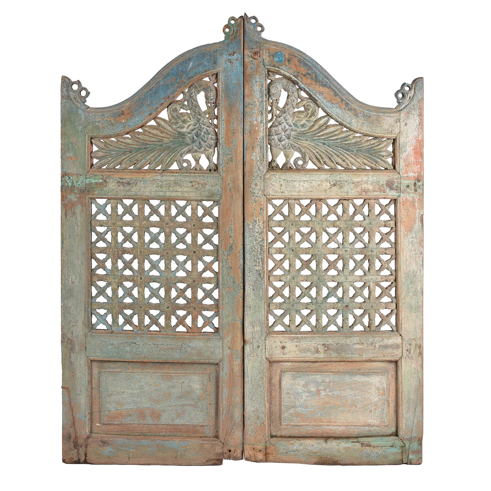 Blue Painted Teak Peacock Dog Gate From Gujarat - 19th Century - Image 2