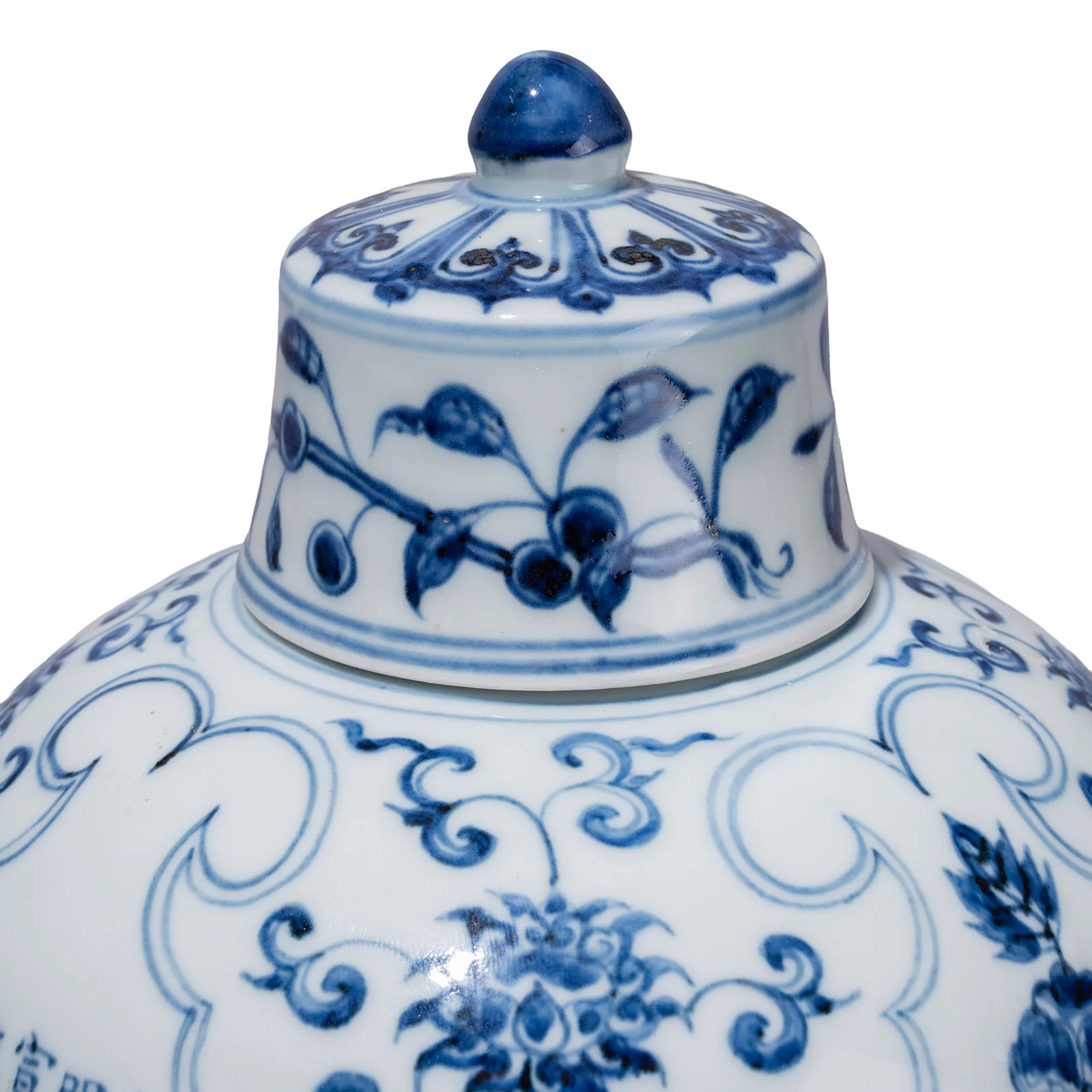 Blue & White Porcelain Lidded Temple Jar - Floral Design - Image 2
