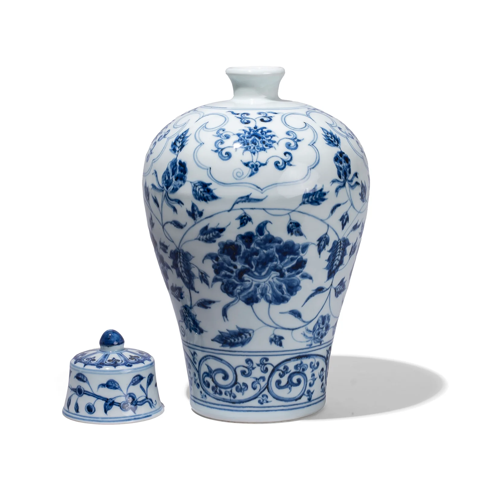 Blue & White Porcelain Lidded Temple Jar - Floral Design - Image 3