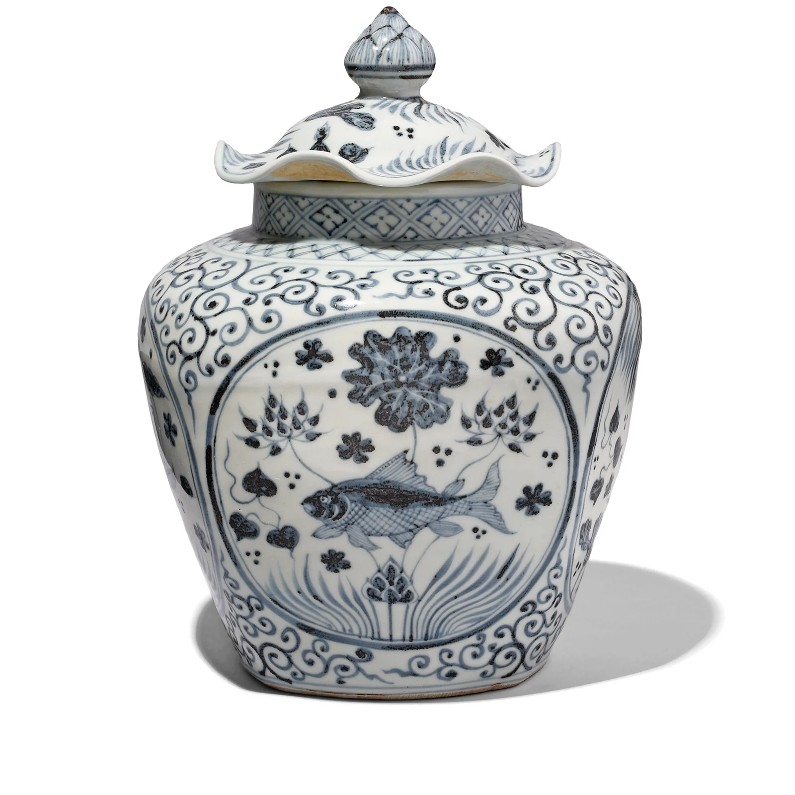 Hongwu Blue & White Porcelain Frilled Ginger Jar  - Fish - Image 2