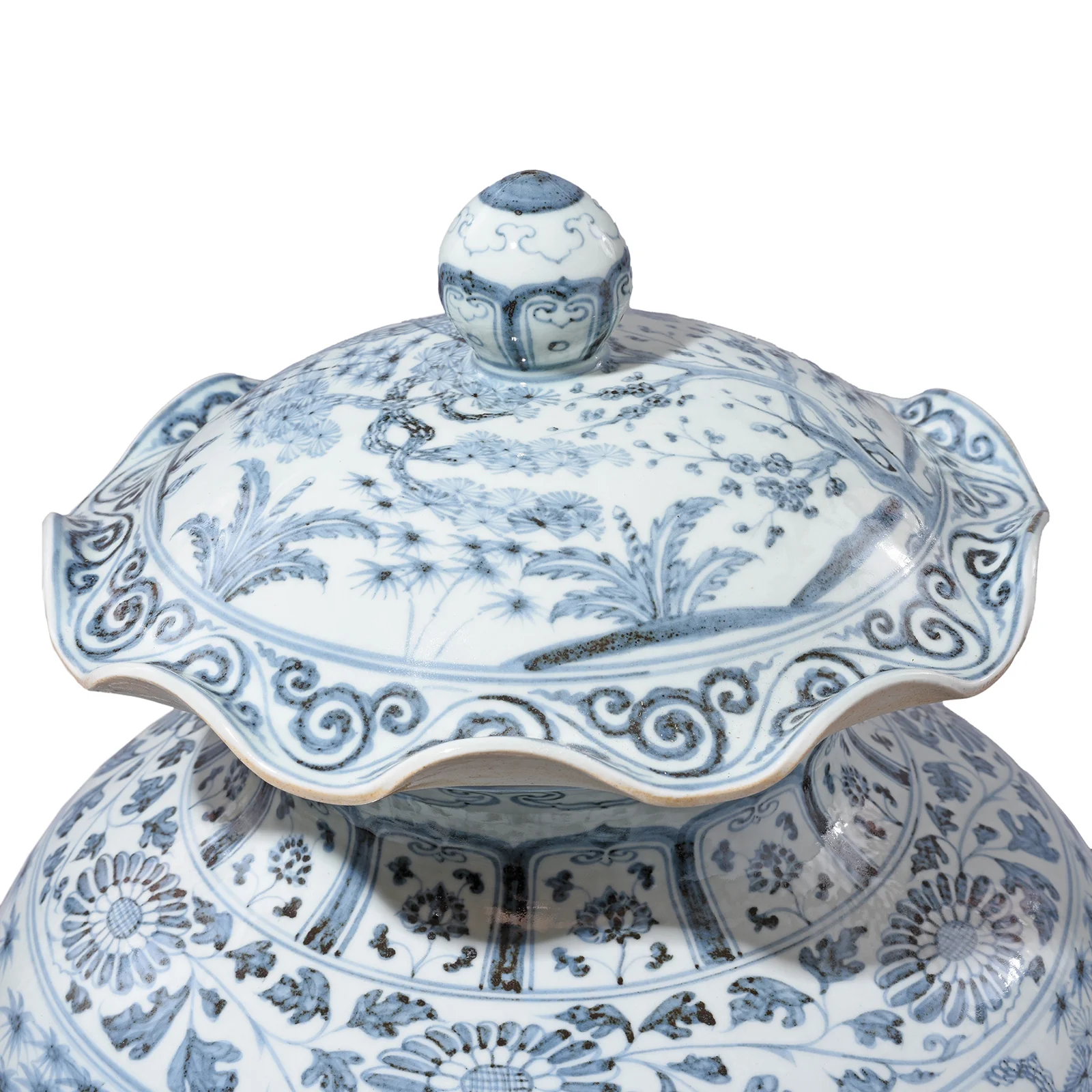 Blue & White Porcelain Frilled Temple Jar With Lid - Image 3