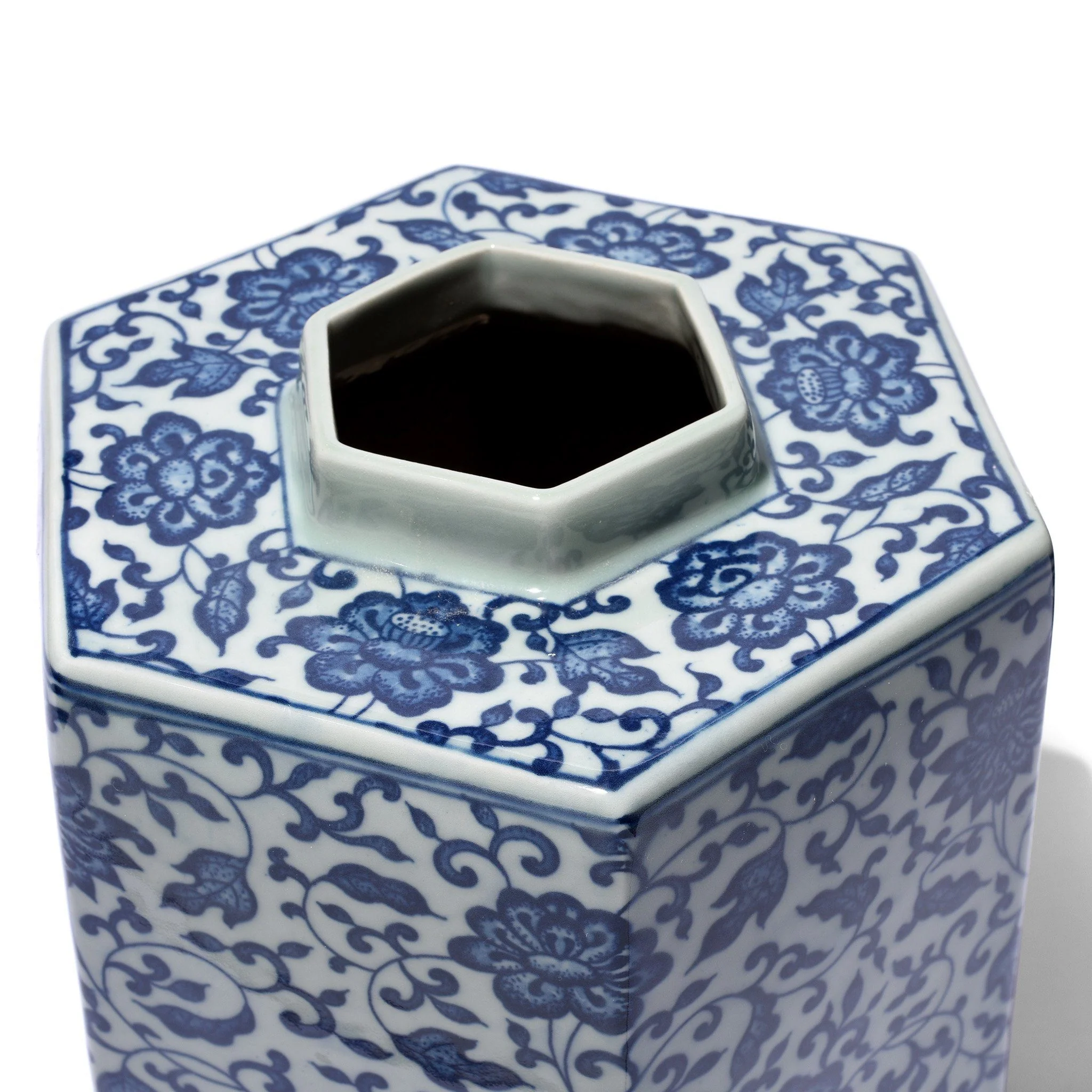 Blue & White Porcelain Hexagonal Vase - Peony Design - Image 2