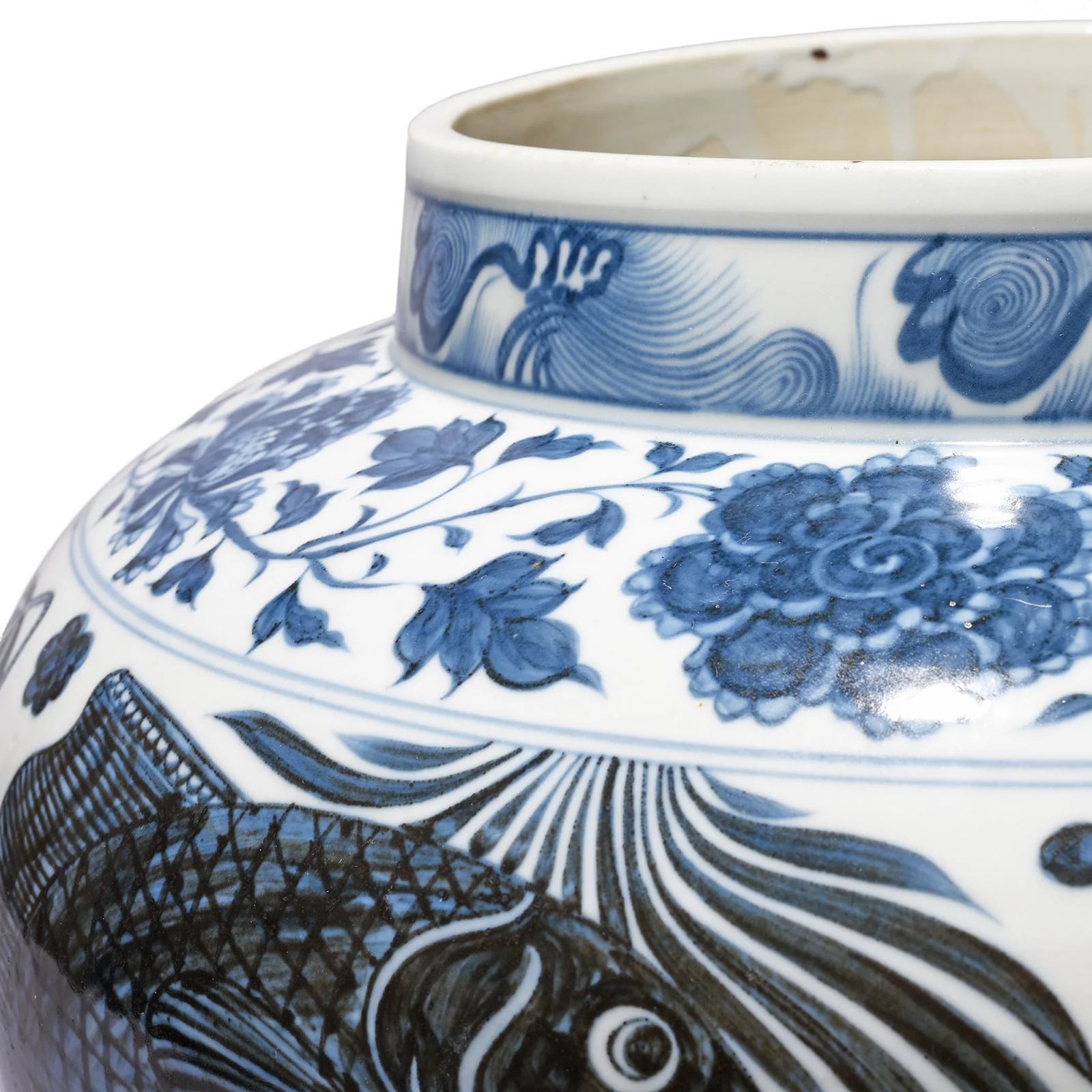 Blue & White Porcelain Jardinière - Fish Design - Image 5