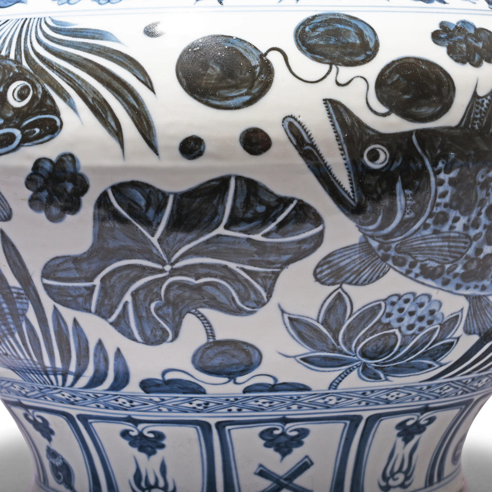 Blue & White Porcelain Jardinière - Fish Design - Image 6