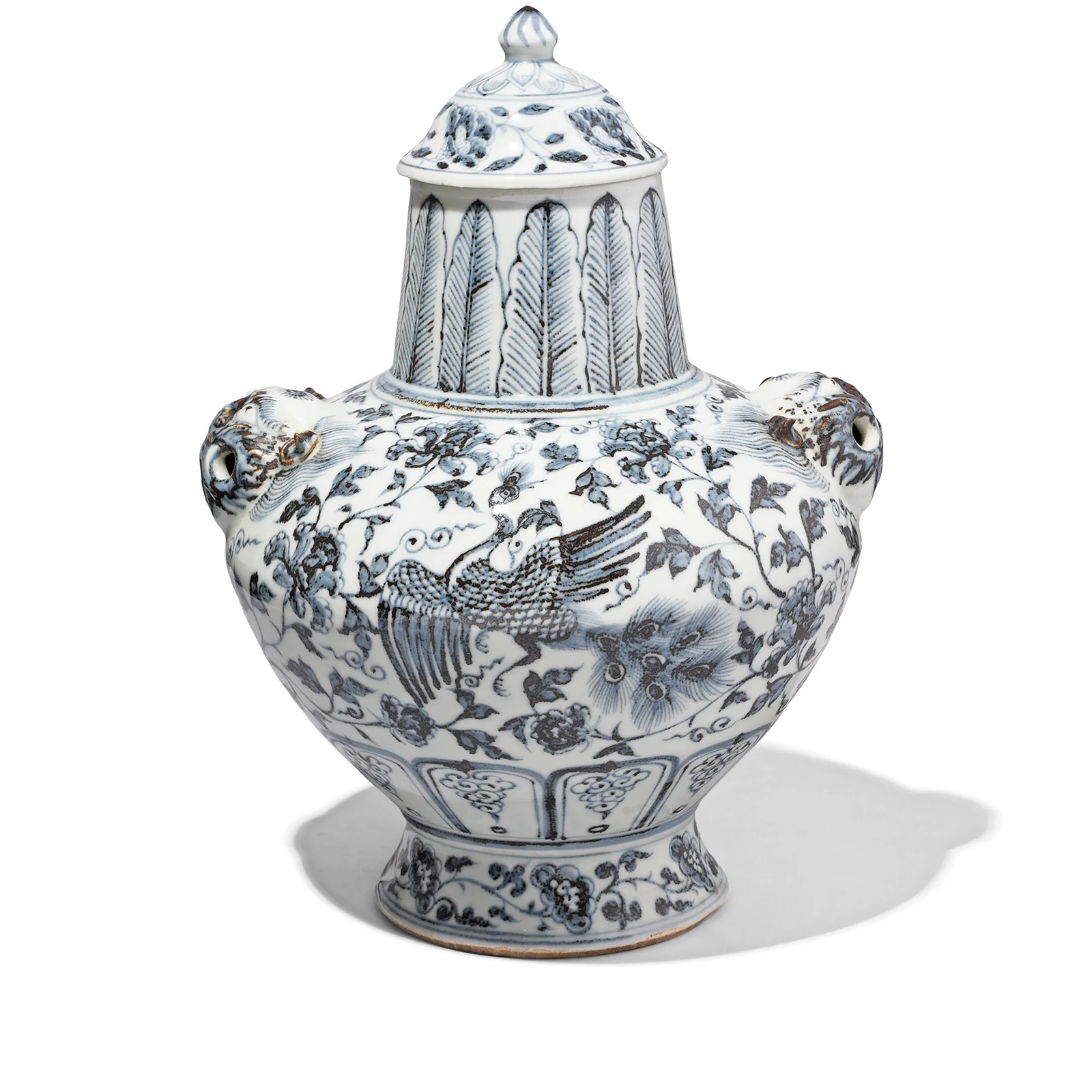 Hongwu Blue & White Porcelain Lidded Wine Jar - Peonies & Phoenix