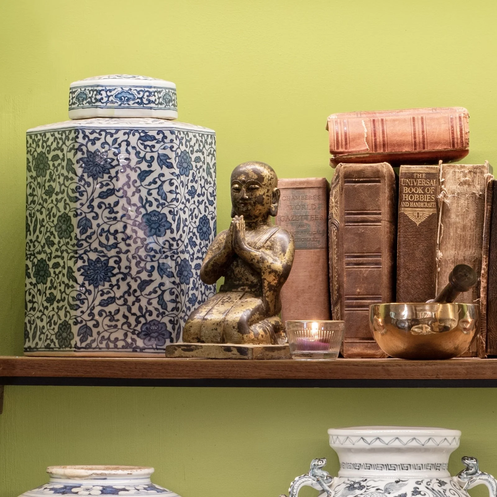 Blue & White Porcelain Hexagonal Tea Caddy - Peony Design