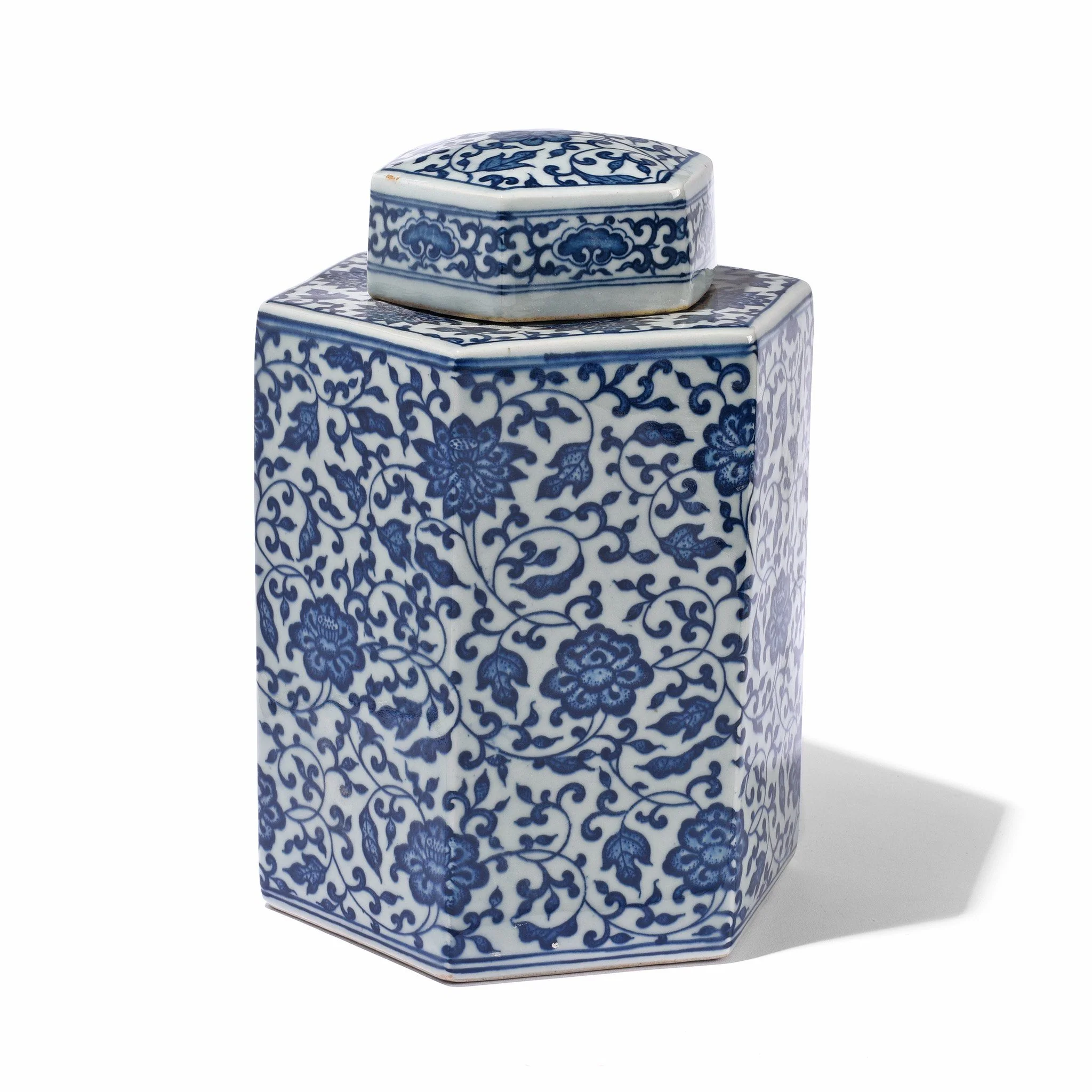 Blue & White Porcelain Hexagonal Tea Caddy - Peony Design - Image 2