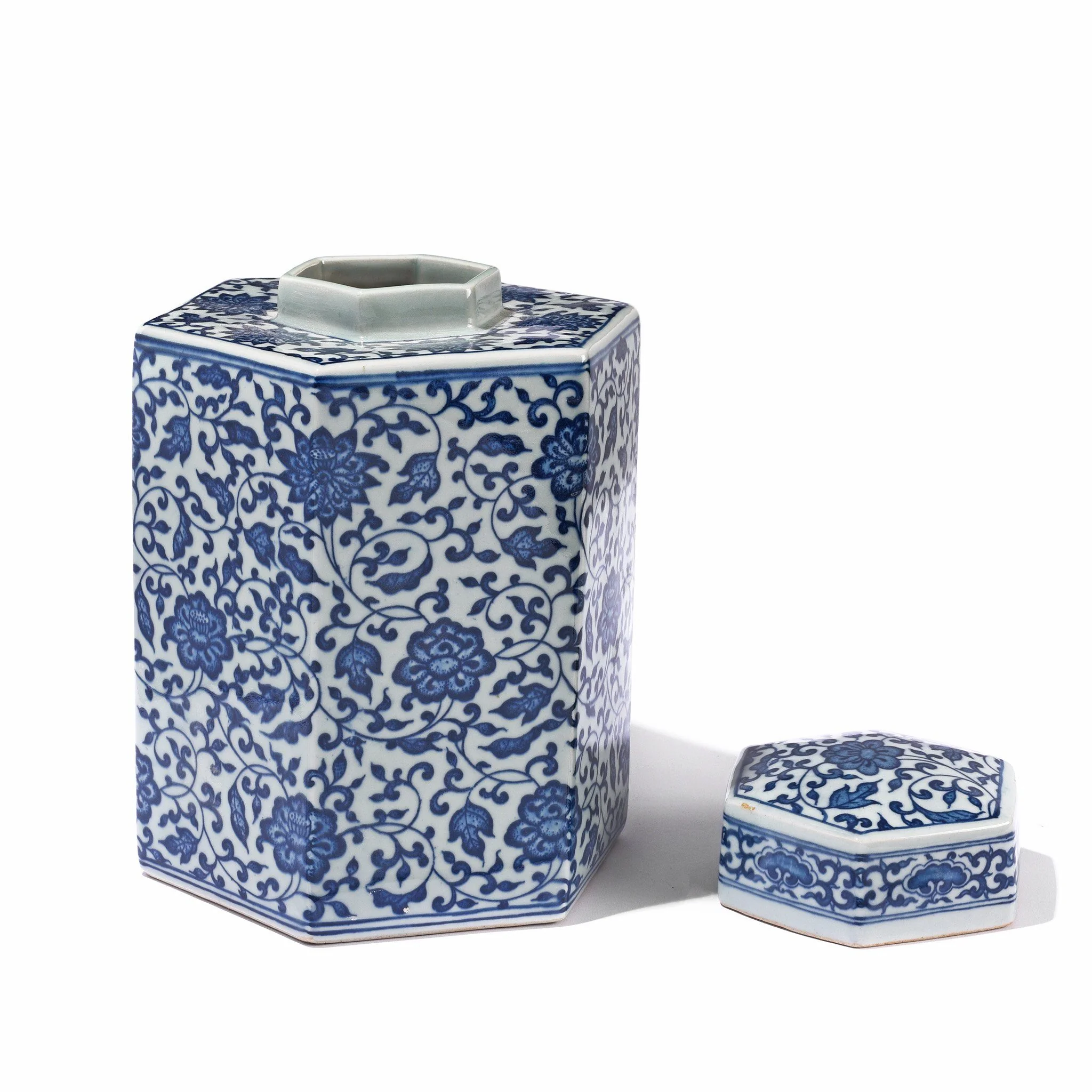 Blue & White Porcelain Hexagonal Tea Caddy - Peony Design - Image 4