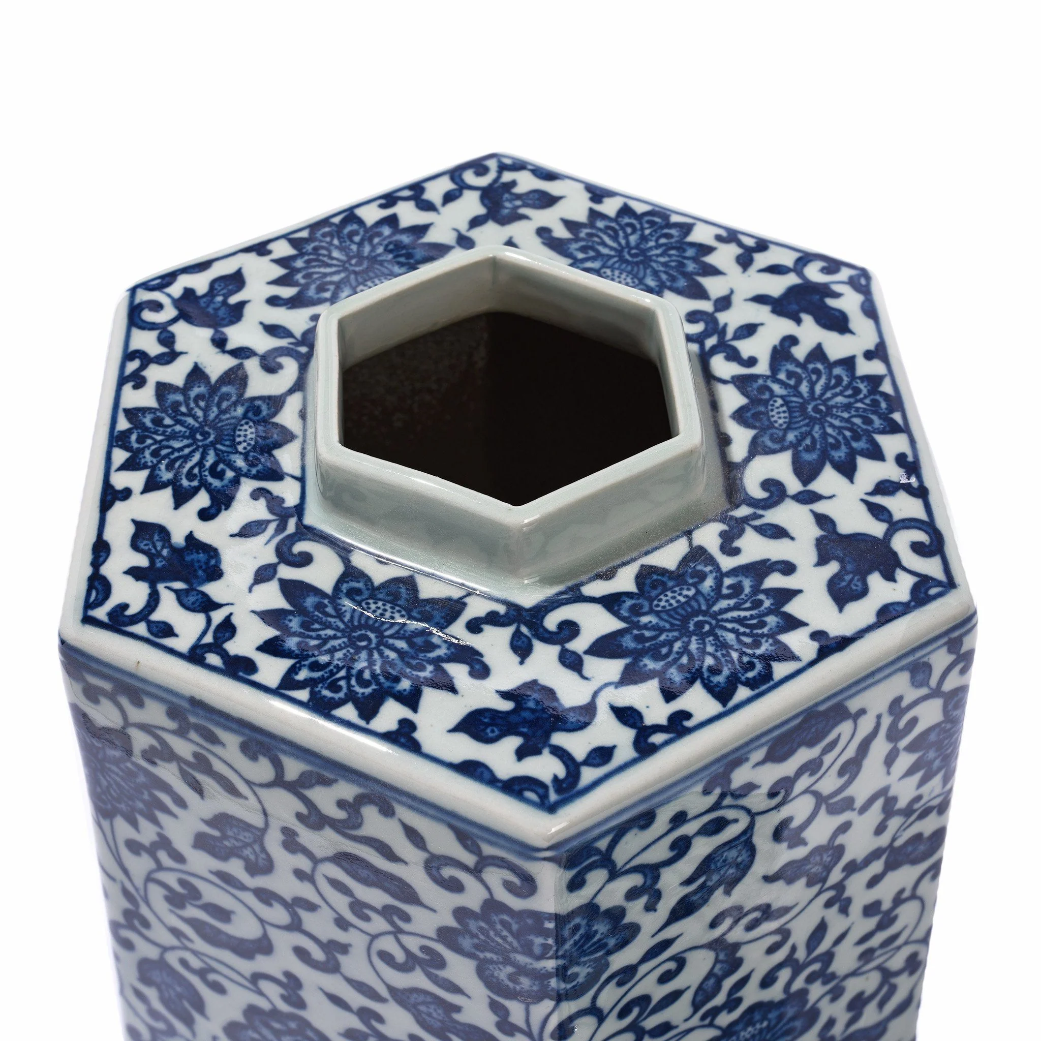 Blue & White Porcelain Hexagonal Tea Caddy - Peony Design - Image 5