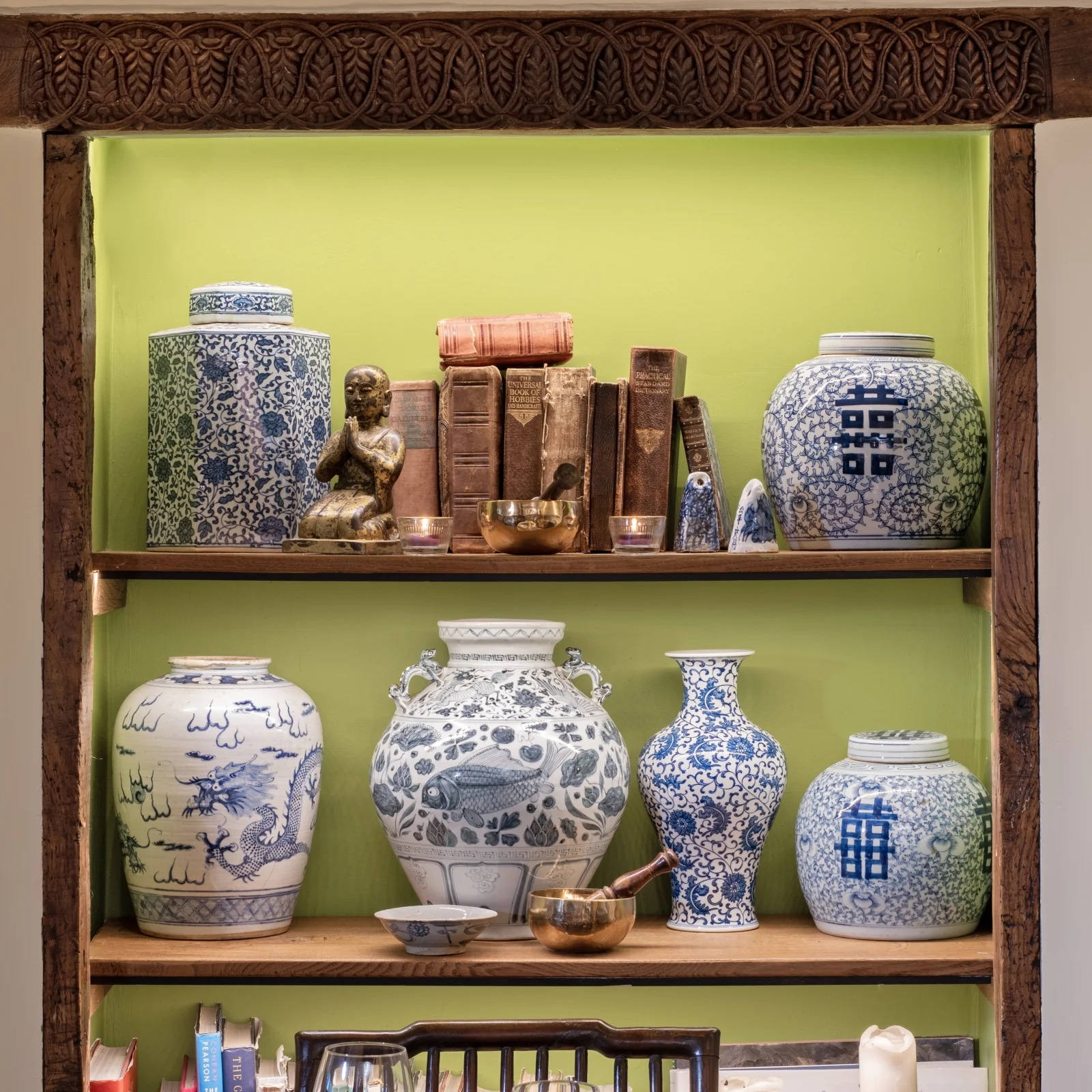 Blue & White Porcelain Hexagonal Tea Caddy - Peony Design - Image 6