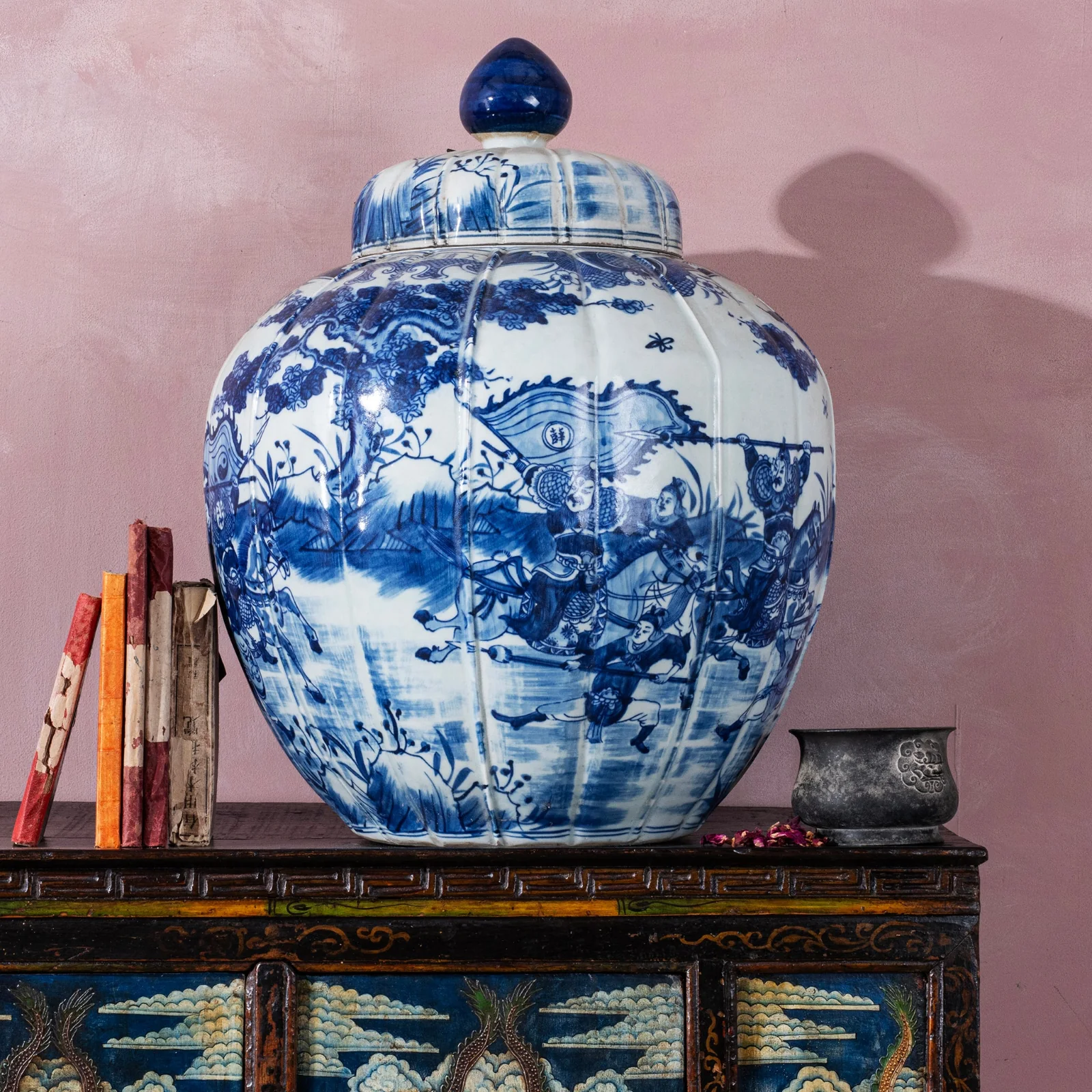 Blue & White Porcelain Temple Jar - Battle Design
