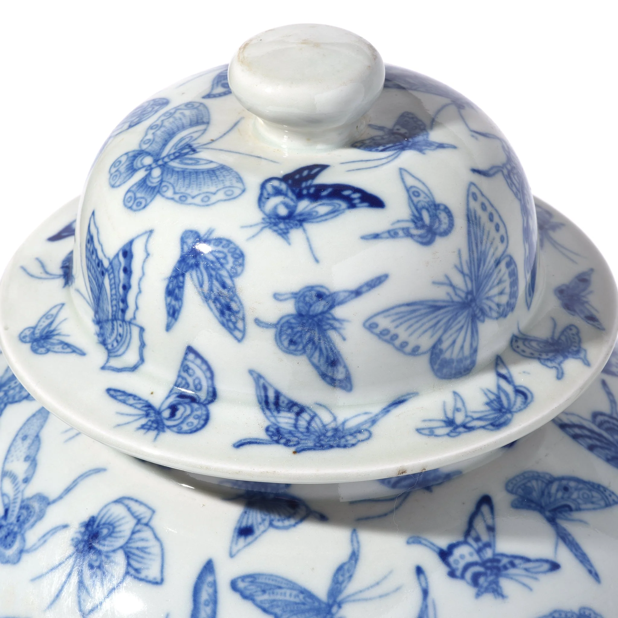 Blue & White Porcelain Temple Jar - Butterfly Design - Image 2