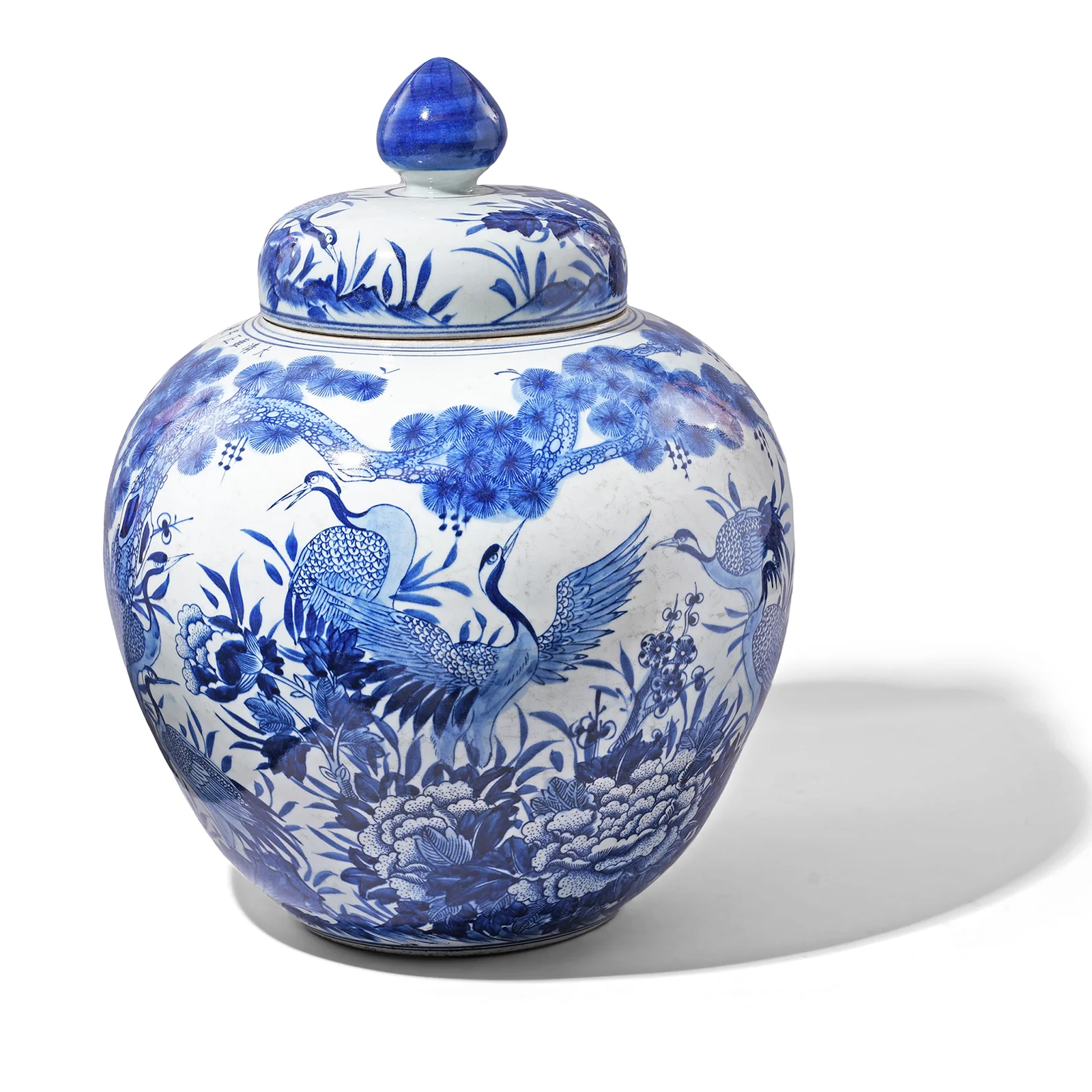 Blue & White Porcelain Temple Jar - Crane Design