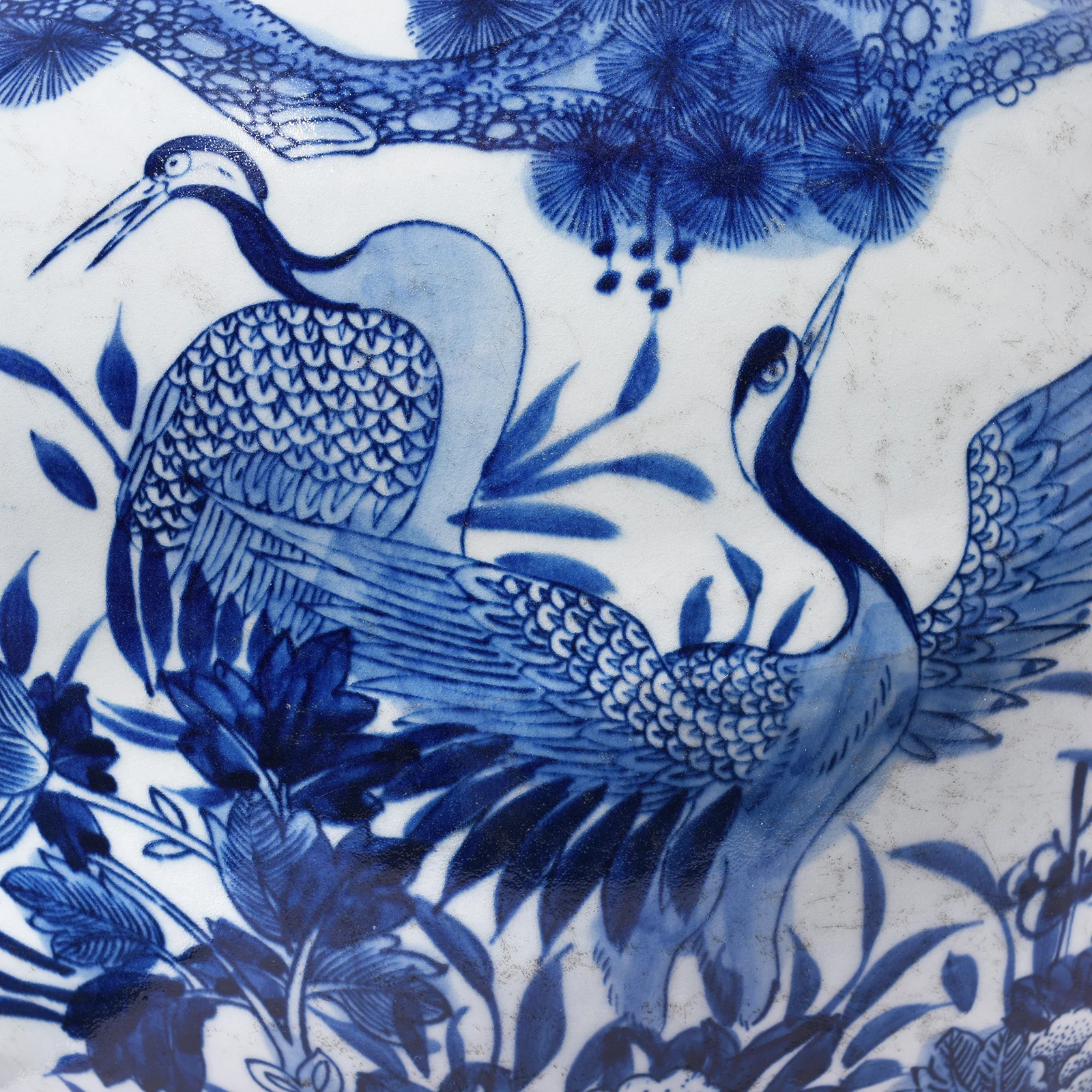 Blue & White Porcelain Temple Jar - Crane Design - Image 2