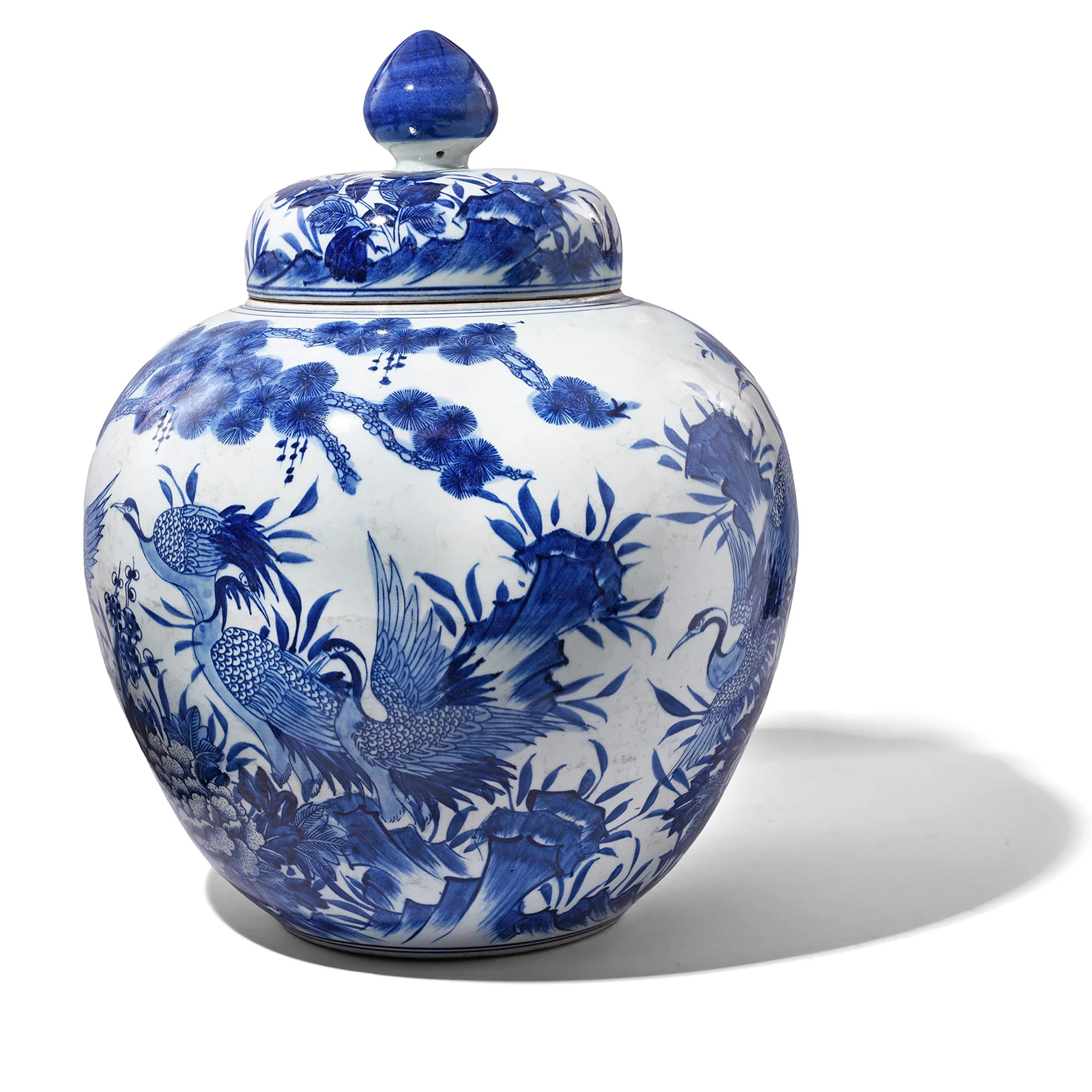 Blue & White Porcelain Temple Jar - Crane Design - Image 3