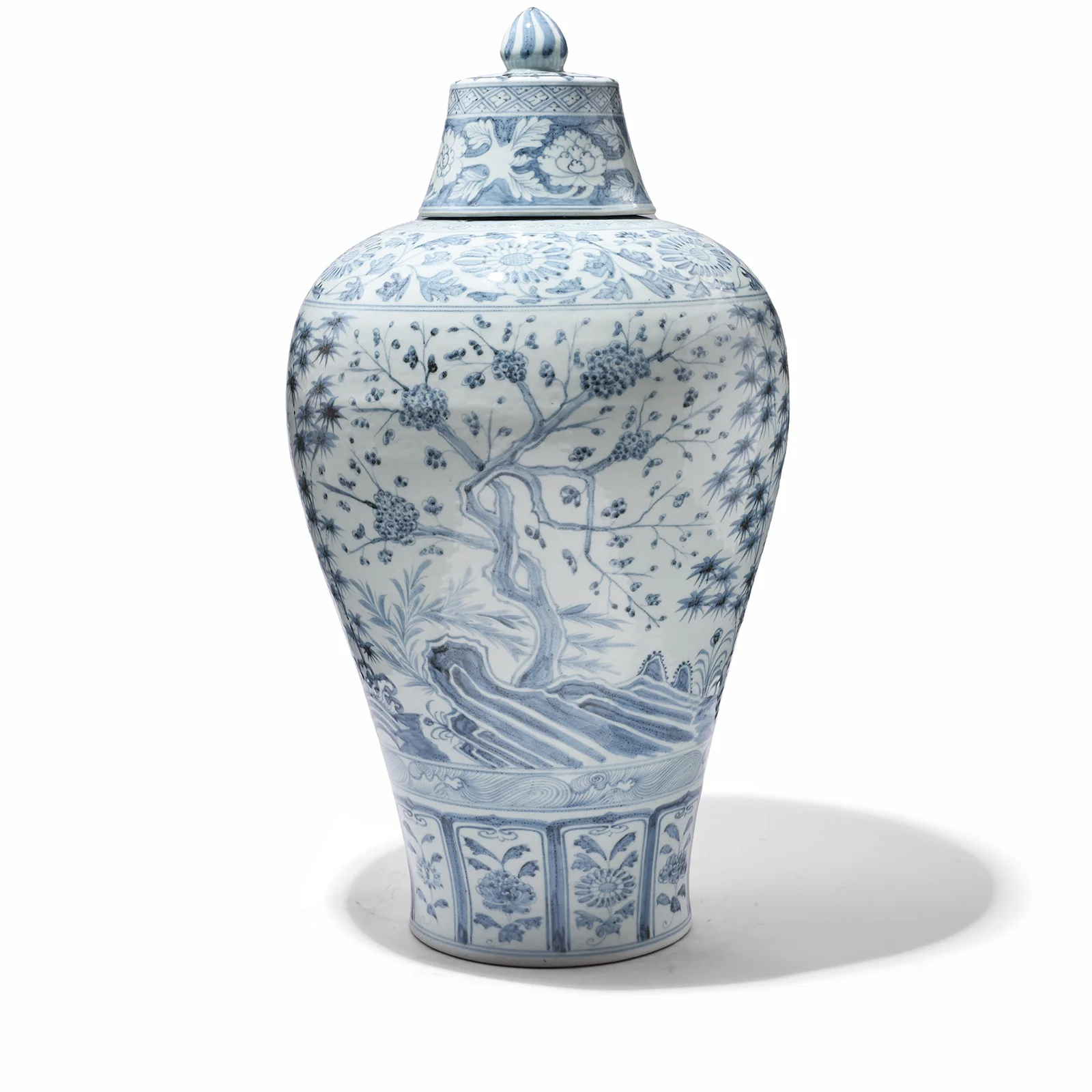 Blue & White Porcelain Temple Jar - Four Tree Design