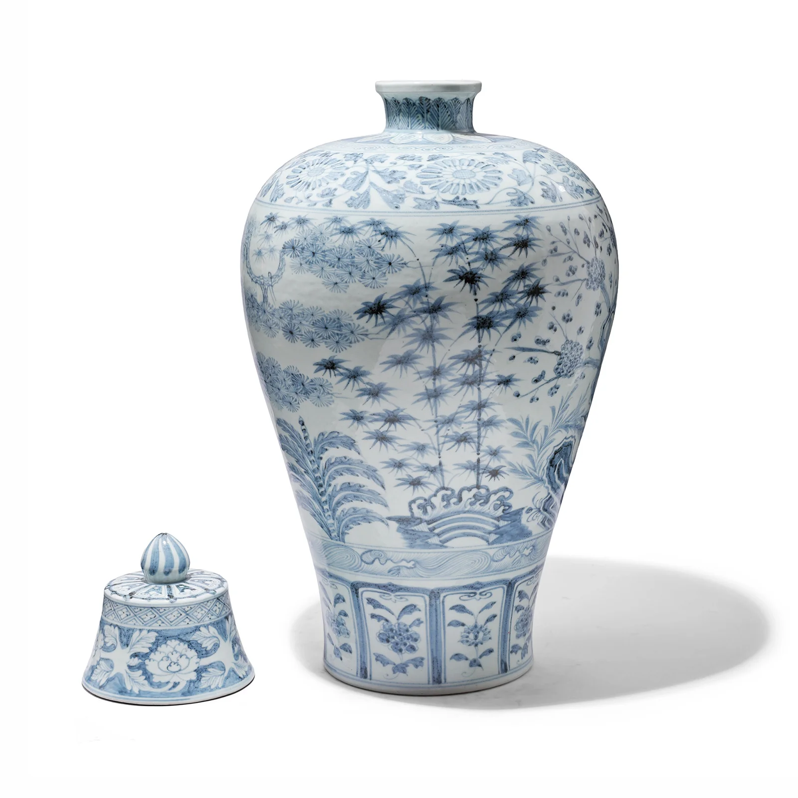 Blue & White Porcelain Temple Jar - Four Tree Design - Image 2