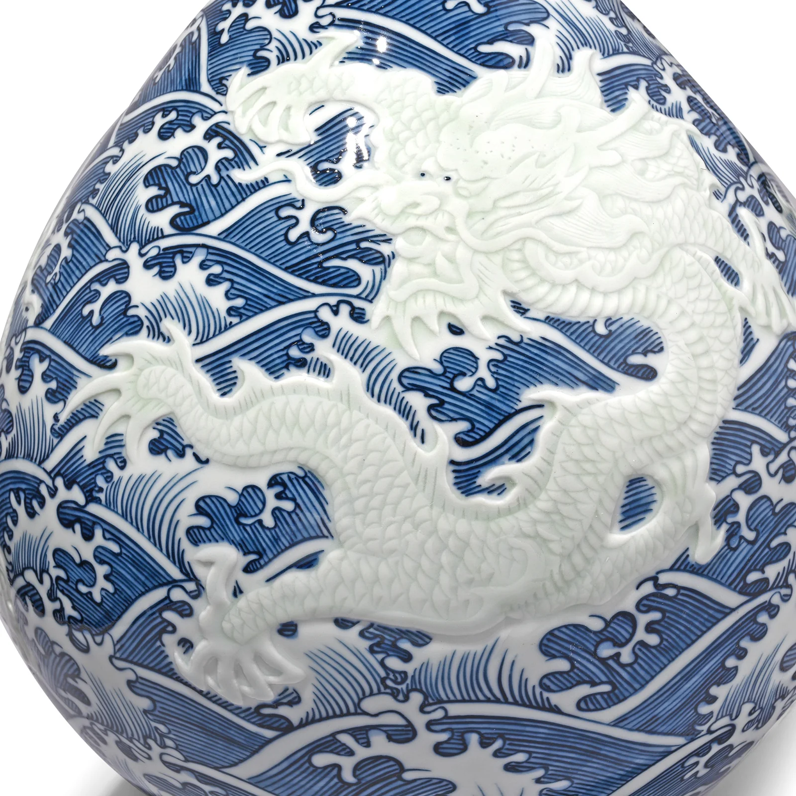 Blue & White Porcelain Yuhuchunping Vase - Wave Dragons - Image 2