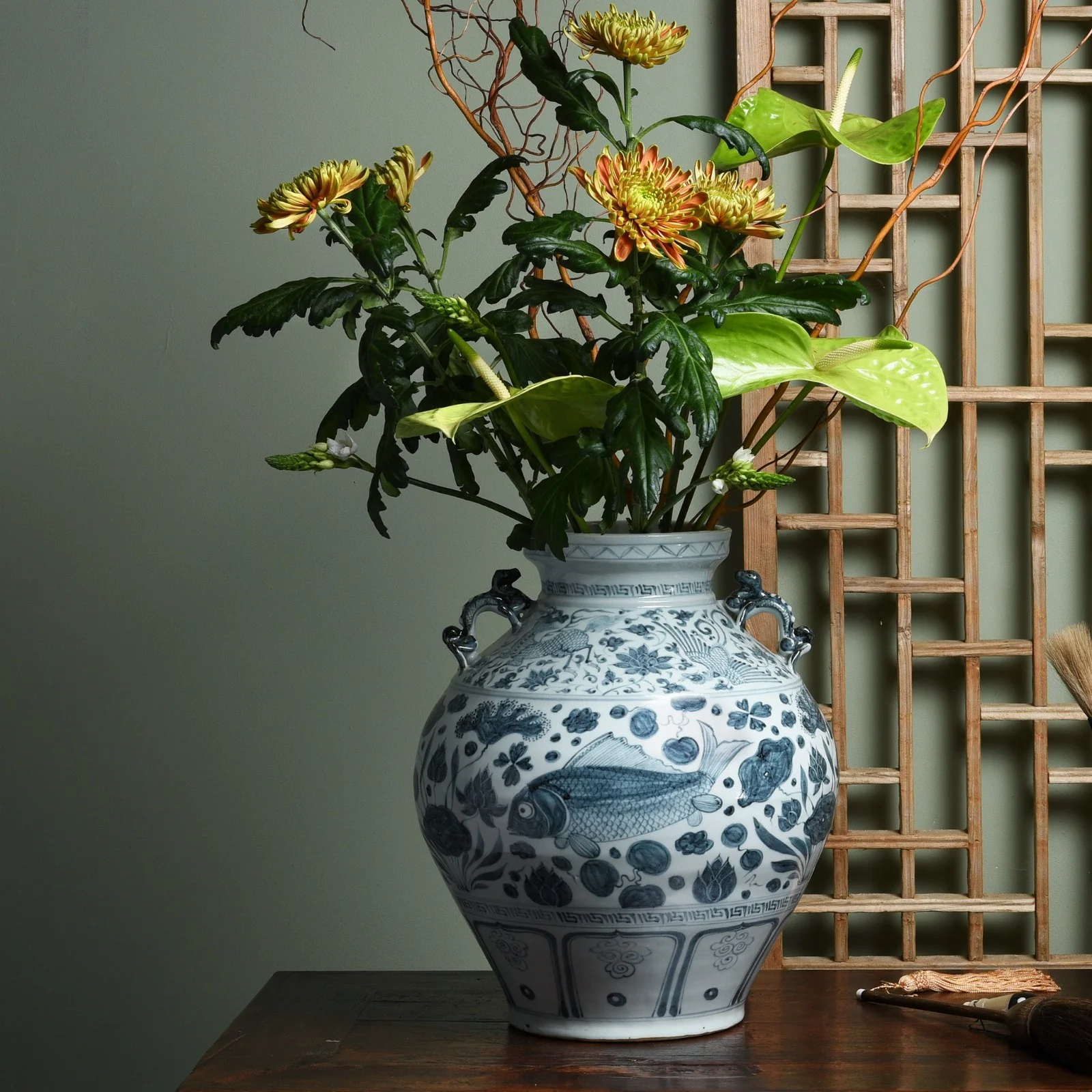 Blue & White Porcelain Wine Jar - Fish Design