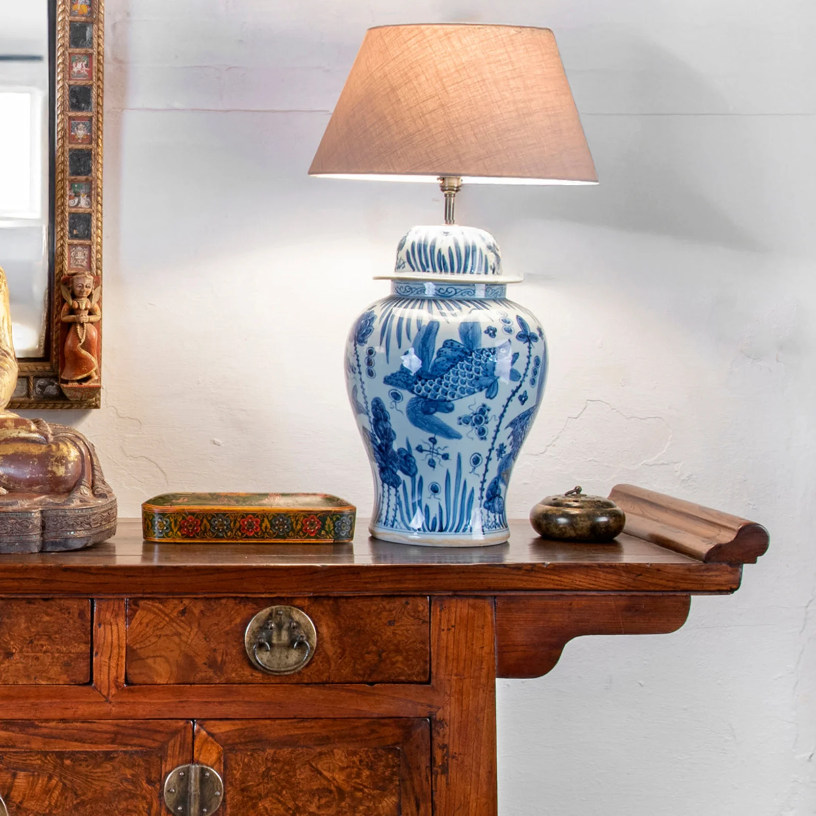 Blue & White Temple Jar Lamp - Fish Design - Image 2