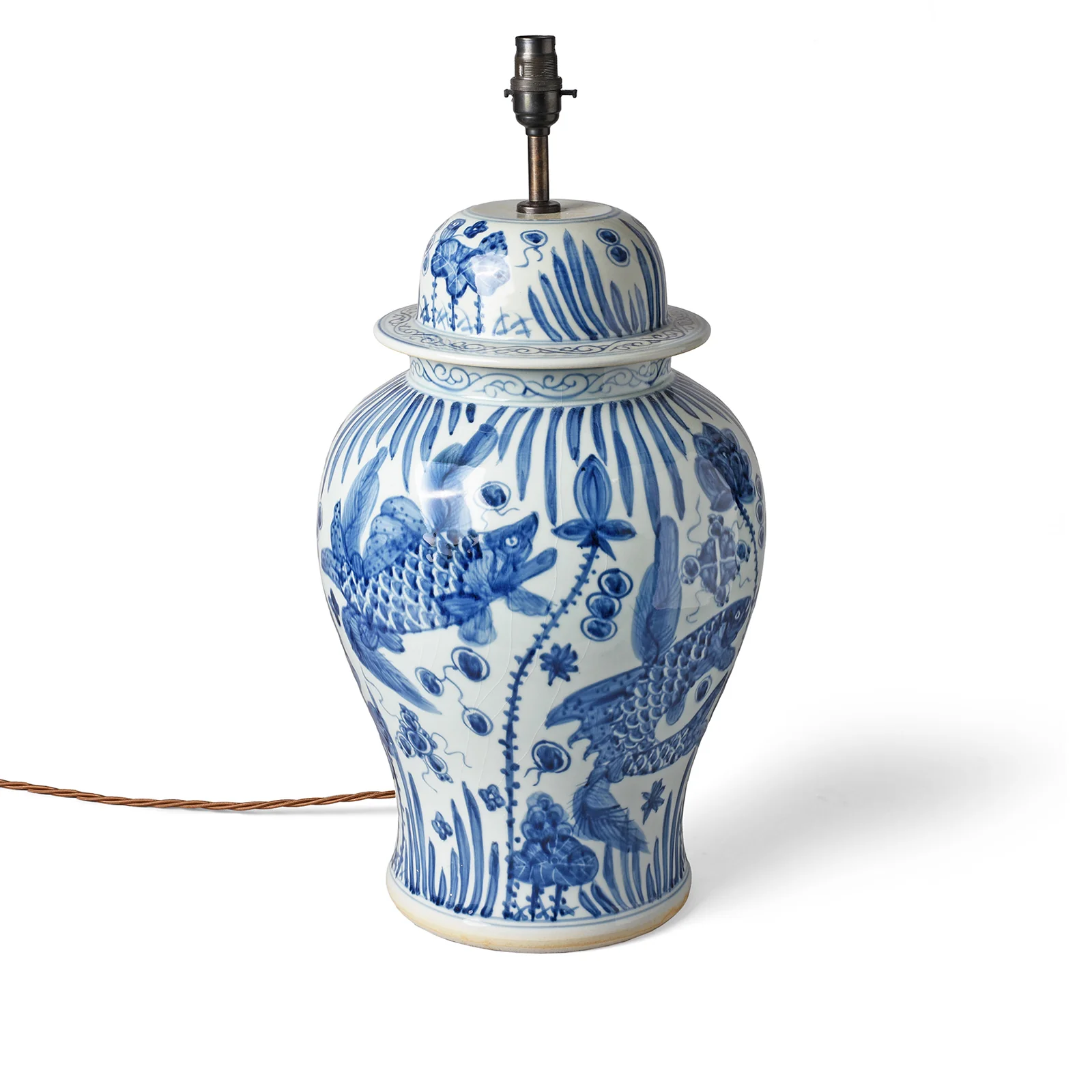 Blue & White Temple Jar Lamp - Fish Design - Image 4
