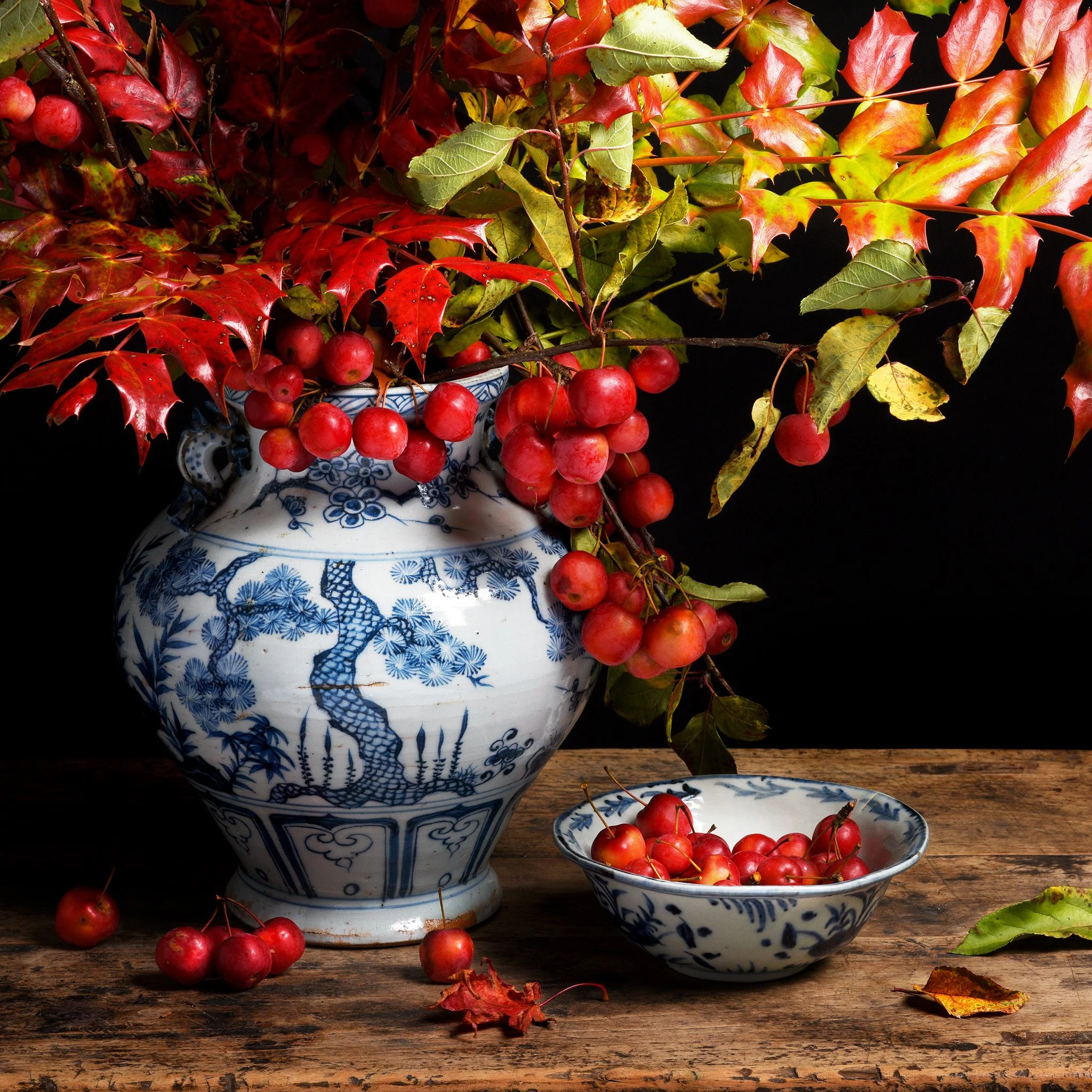 Blue & White Wine Jar Vase - Cherry Tree Design - Image 2