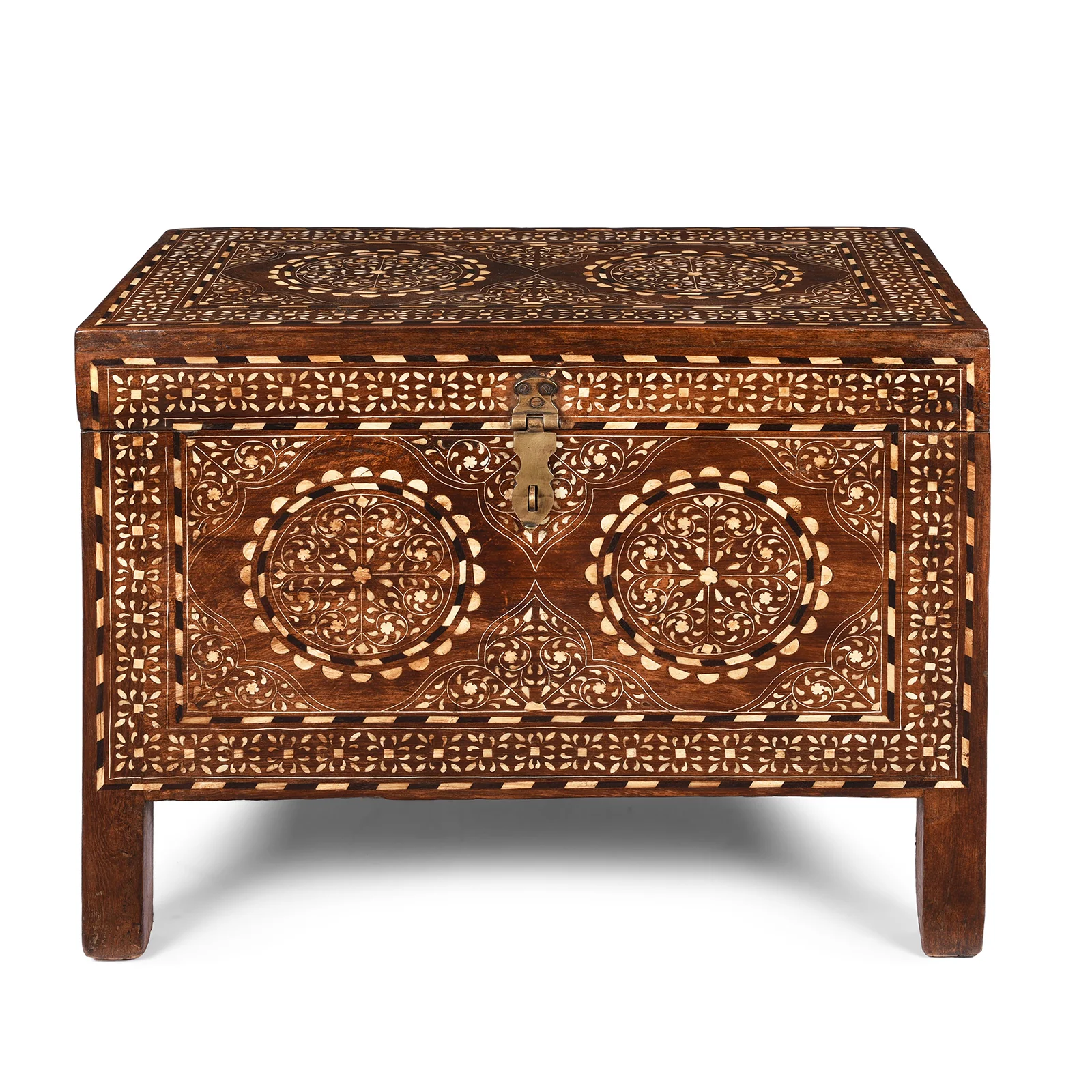 Old Indian Bone Inlay Teak Chest - Ca 1900